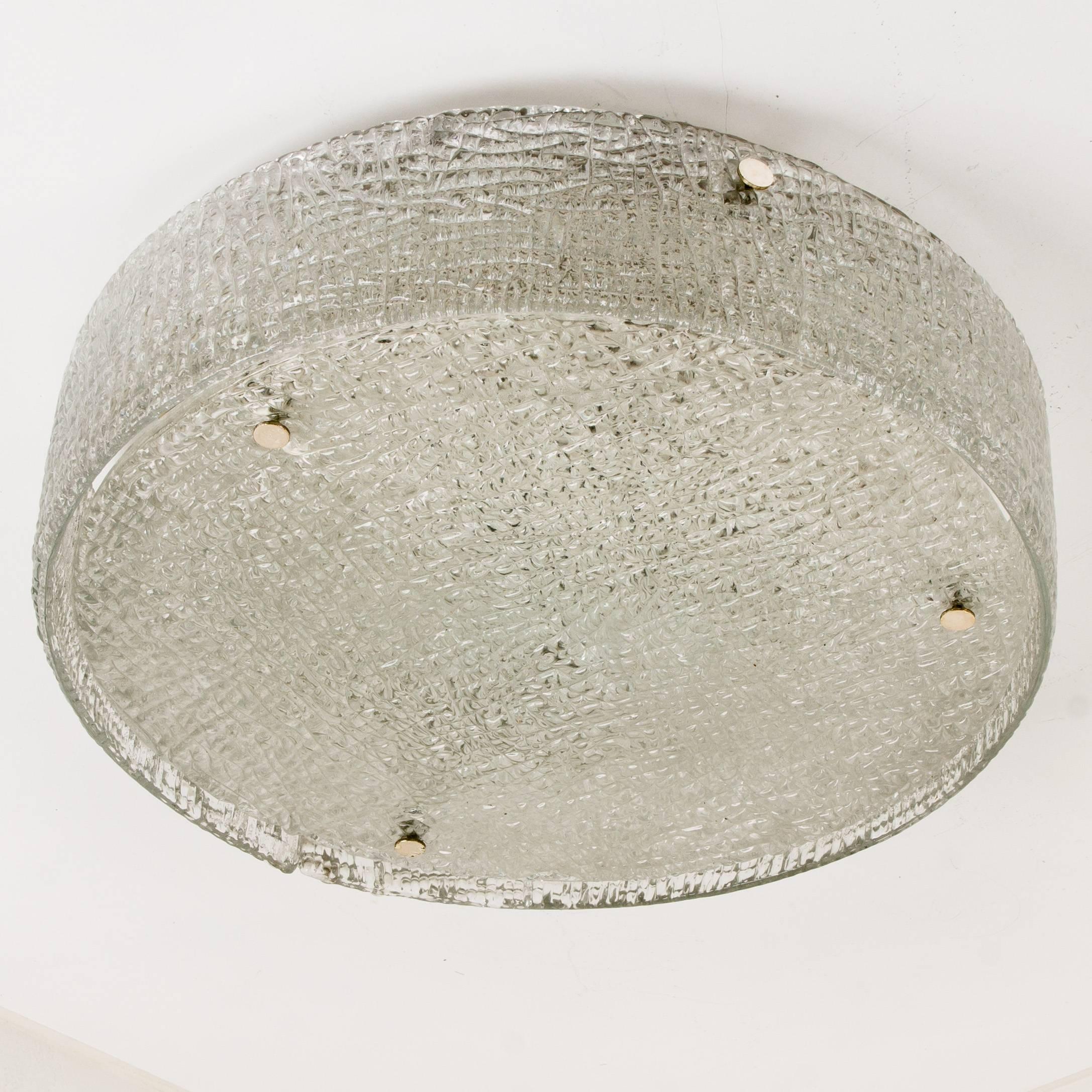 20th Century Huge Thick Textured Glass Flush Mount Ceiling Light by Kaiser, 1960s