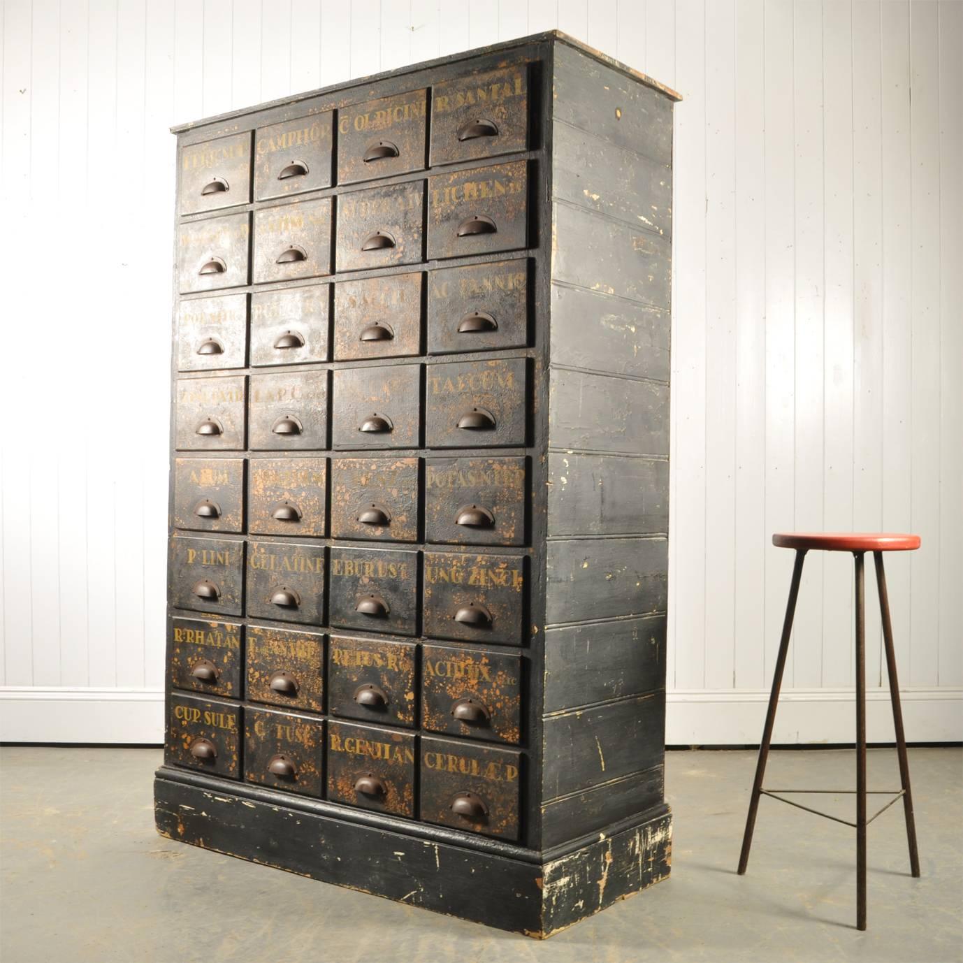 This wonderful English bank of drawers dates back to around 1920.

Superb patina with naturally crackled paint.

Good structural condition with a few bumps and scrapes, all the drawers open smoothly.
 