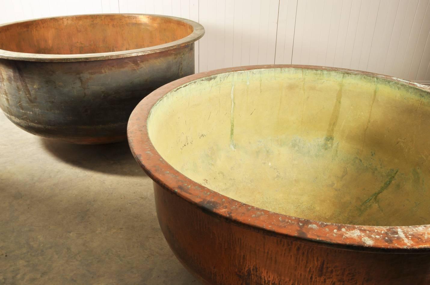 These impressive copper bowls are circa 1880 and were sourced in Provence where they were used in cheese making.

In great condition with some lovely natural verdigris patina. Both are very much water tight.

We love these as a sculptural piece in a