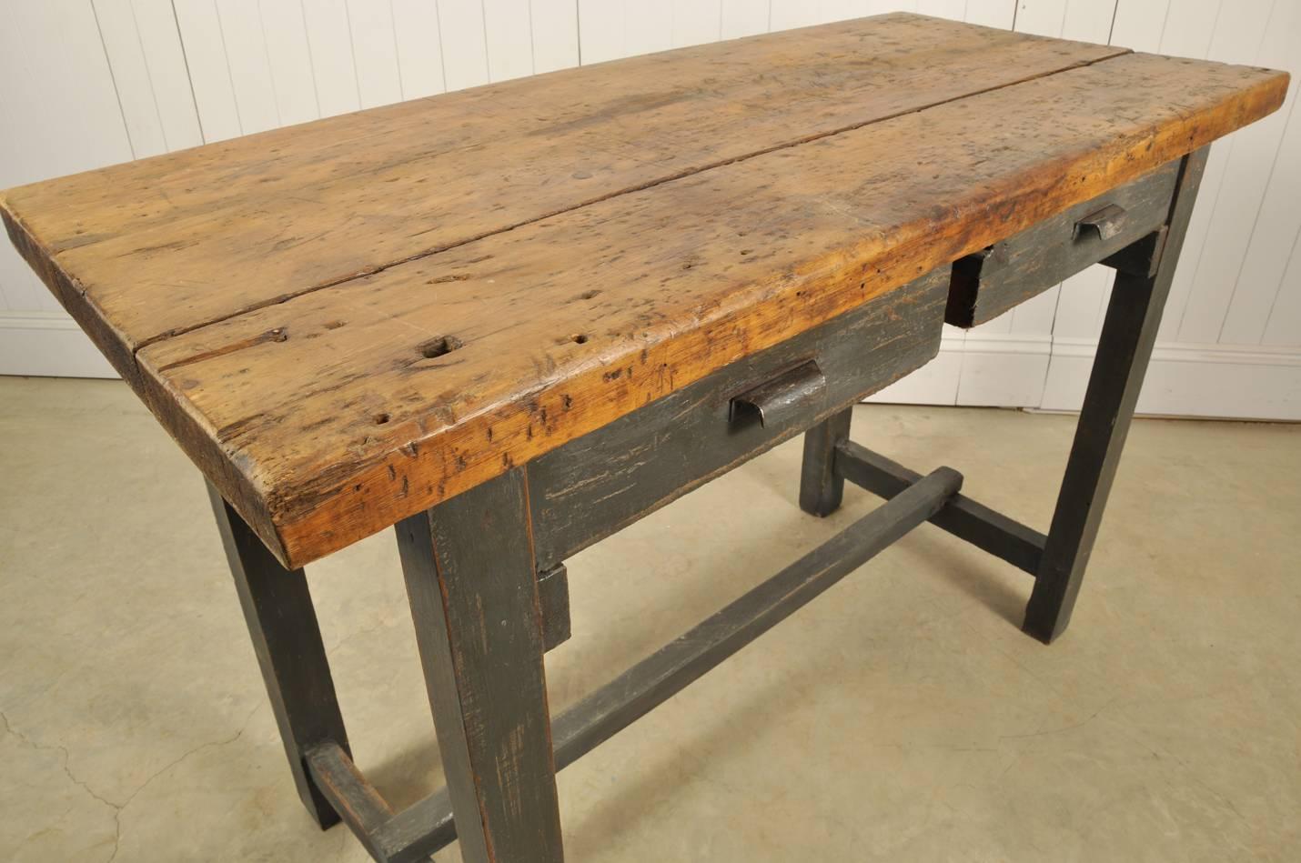This vintage Industrial table was sourced in Northern Spain, 

circa 1950 the top has a fantastic patina with lots of cutting marks etc. The base has been repainted over the years.
  