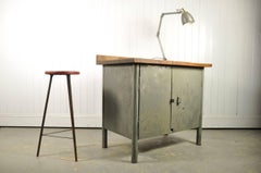 Small Vintage Industrial Grey Steel Cupboard with Wooden Top