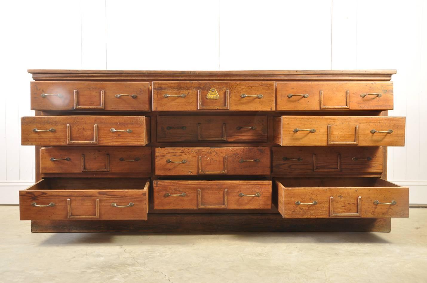 Brass French Pitch Pine Bank of Drawers, circa 1900 For Sale
