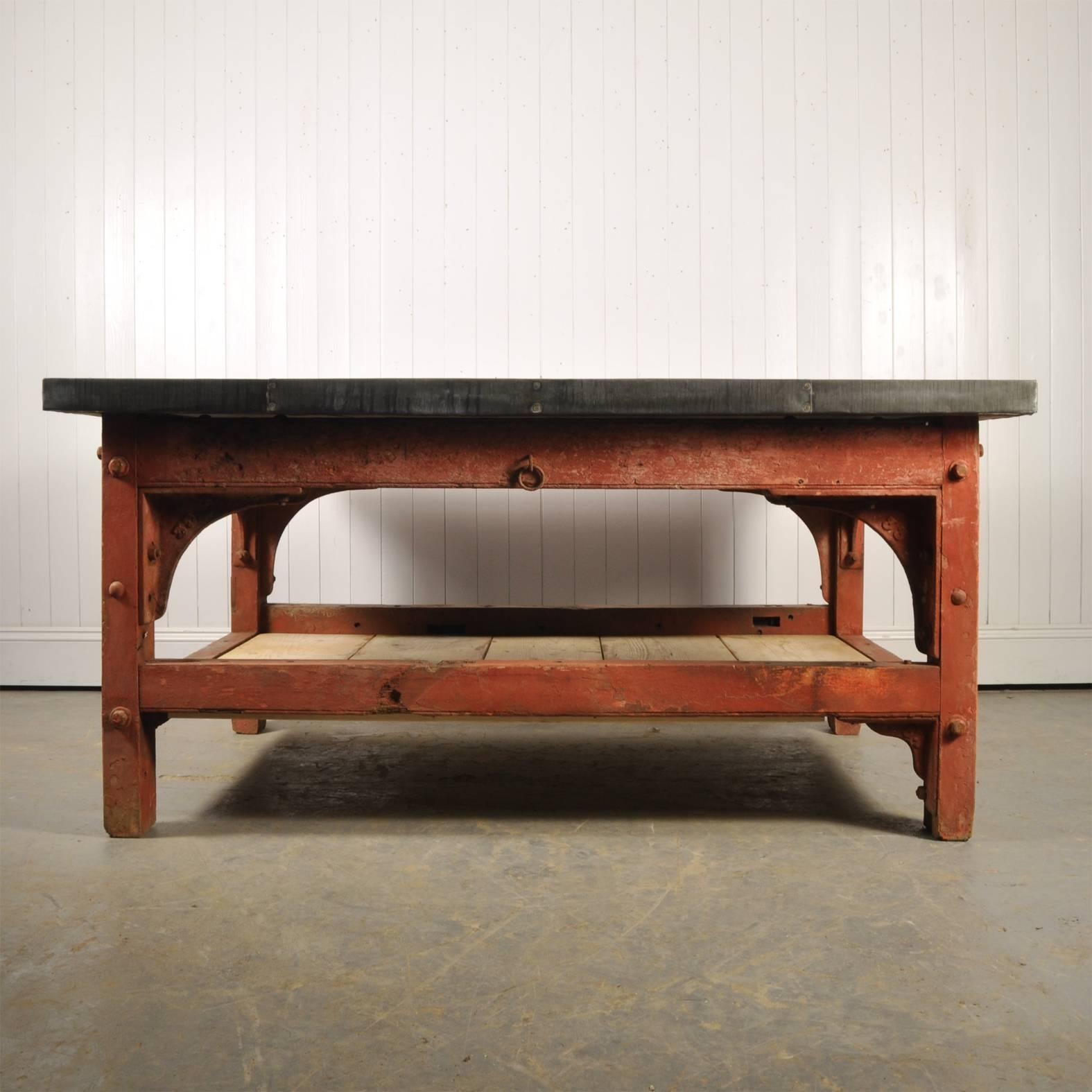 British Industrial 'Saw Mill' Red Table Base with New Zinc Top, circa 1910 For Sale