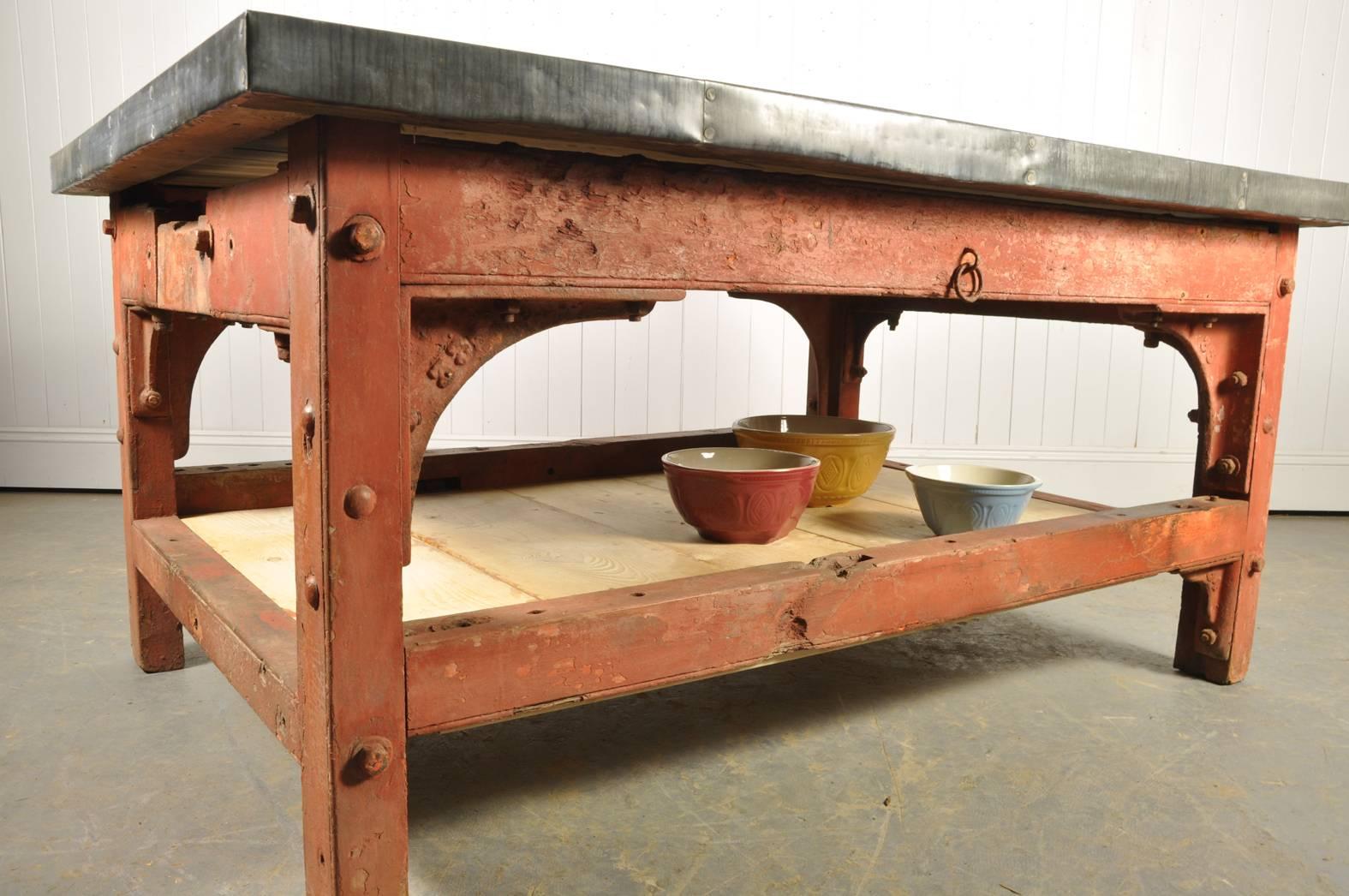 Industrial 'Saw Mill' Red Table Base with New Zinc Top, circa 1910 In Good Condition For Sale In Cirencester, Gloucestershire