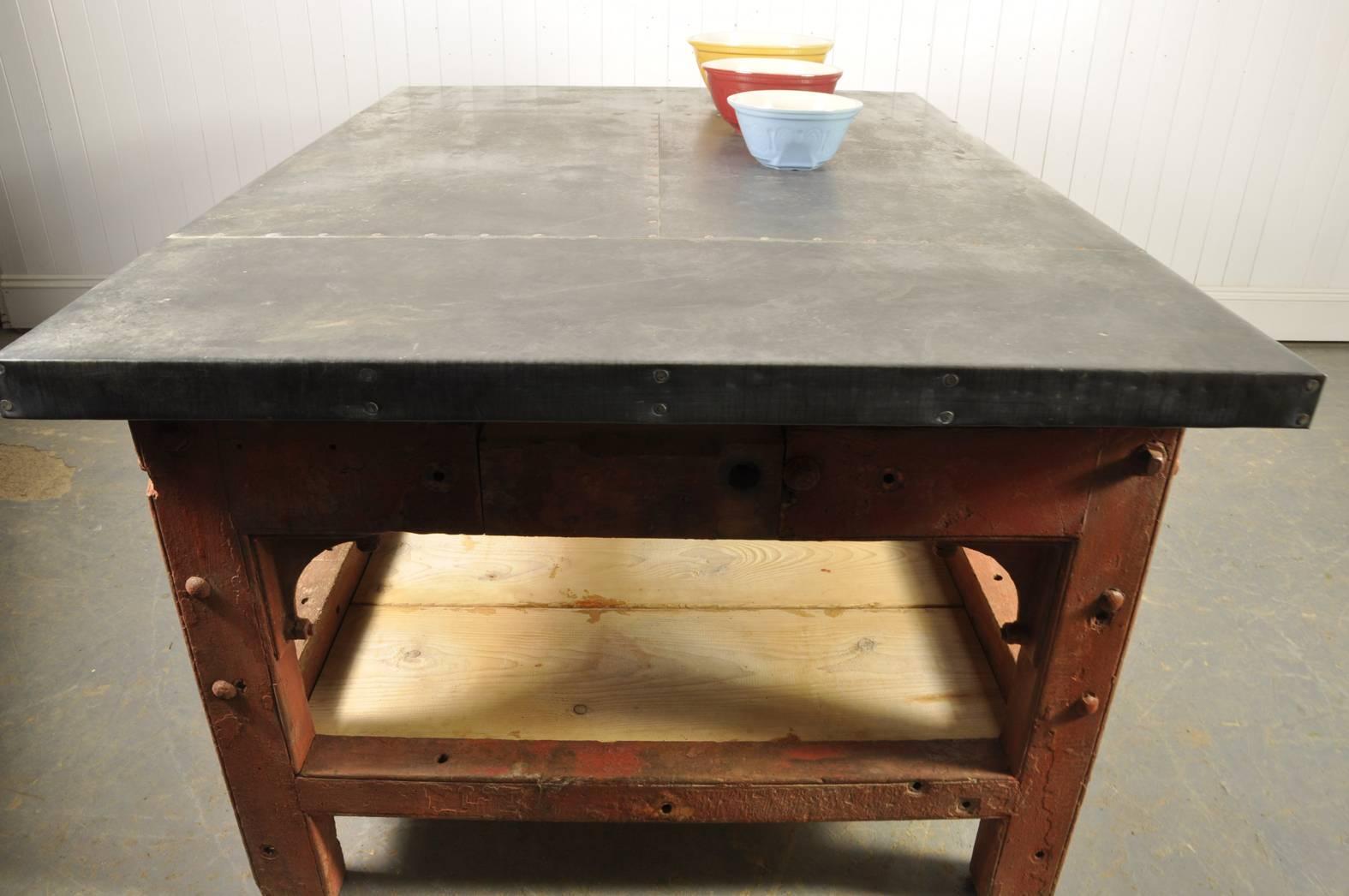 Industrial 'Saw Mill' Red Table Base with New Zinc Top, circa 1910 For Sale 1