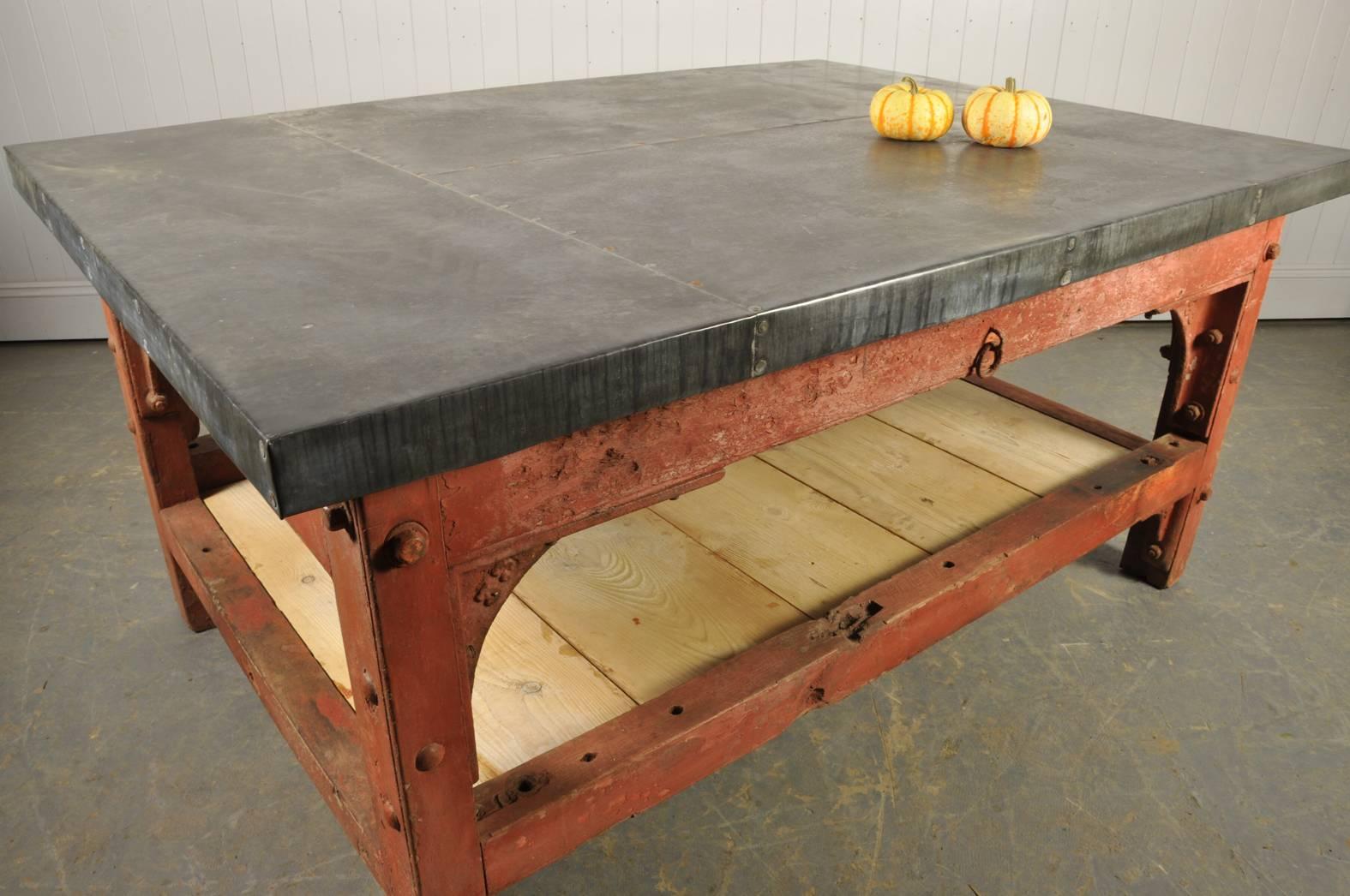 Industrial 'Saw Mill' Red Table Base with New Zinc Top, circa 1910 For Sale 2