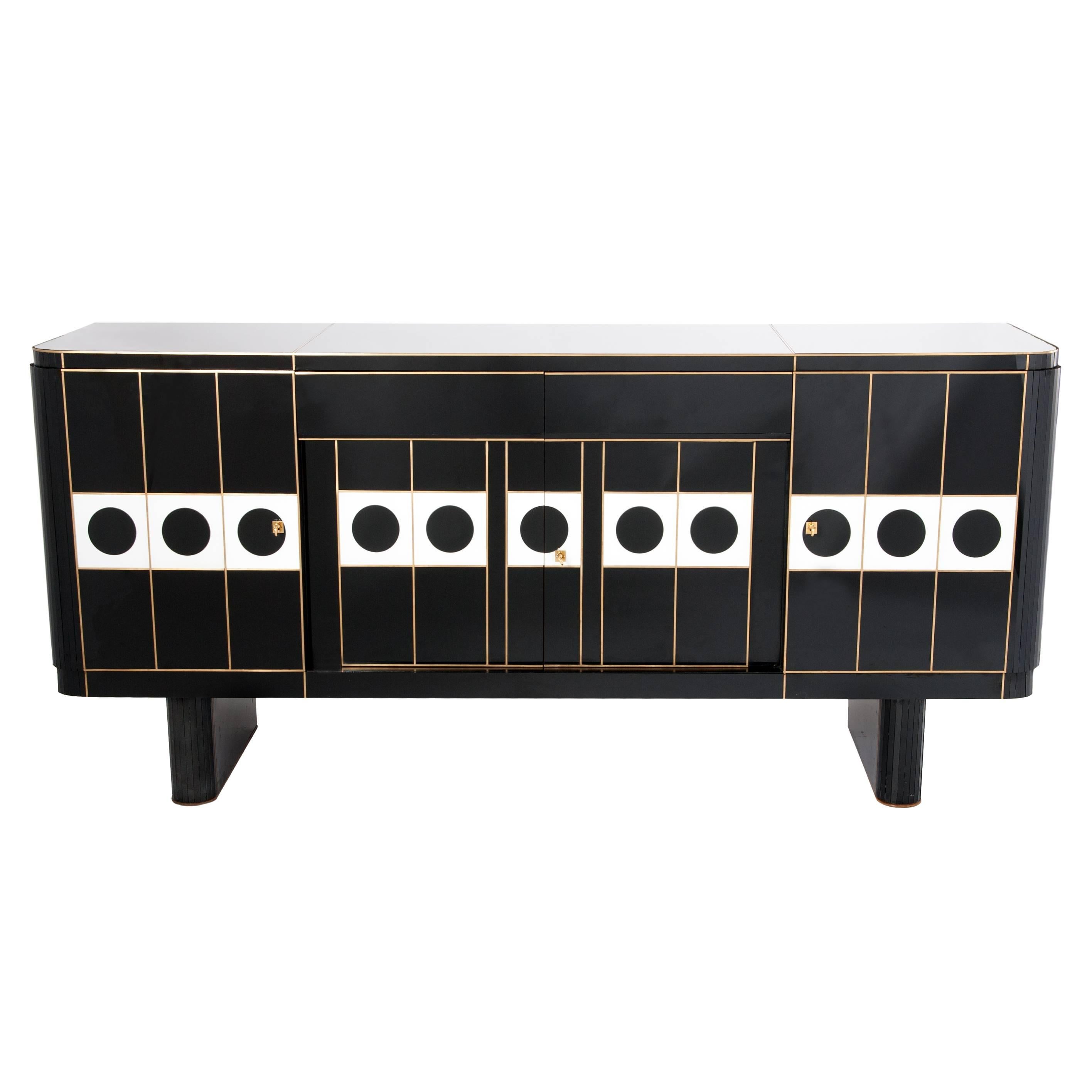 Large Mid Century Italian Black and White Mirrored Four Doors Sideboard