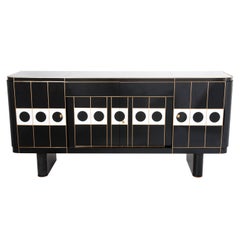 Large Mid Century Italian Black and White Mirrored Four Doors Sideboard