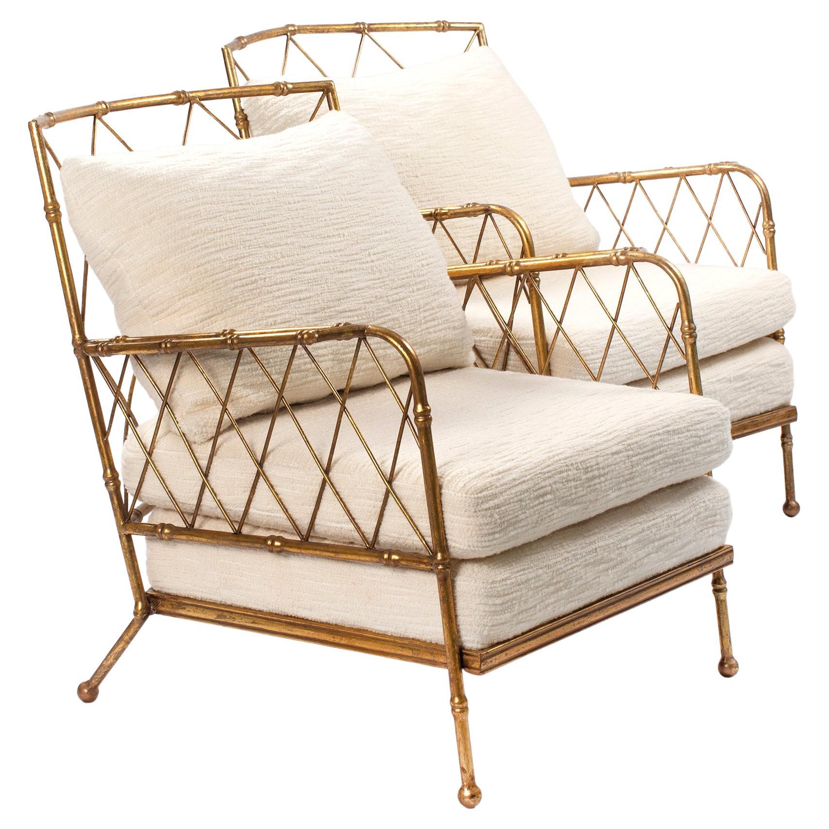 Pair of French Mid-Centruy Gilt Iron Faux Bamboo Armchairs Offwhite Bouclé 1980s