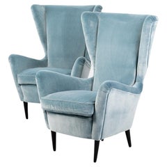 Vintage Pair of Mid-Century Italian Armchairs in Turquoise-Acqua Velvet by ISA, Bergamo