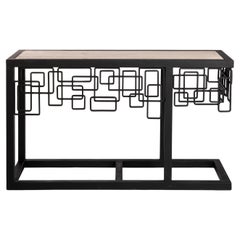 Italian Mid-Century Iron-Travertine Console Table Abstract-Geometric Design 70s