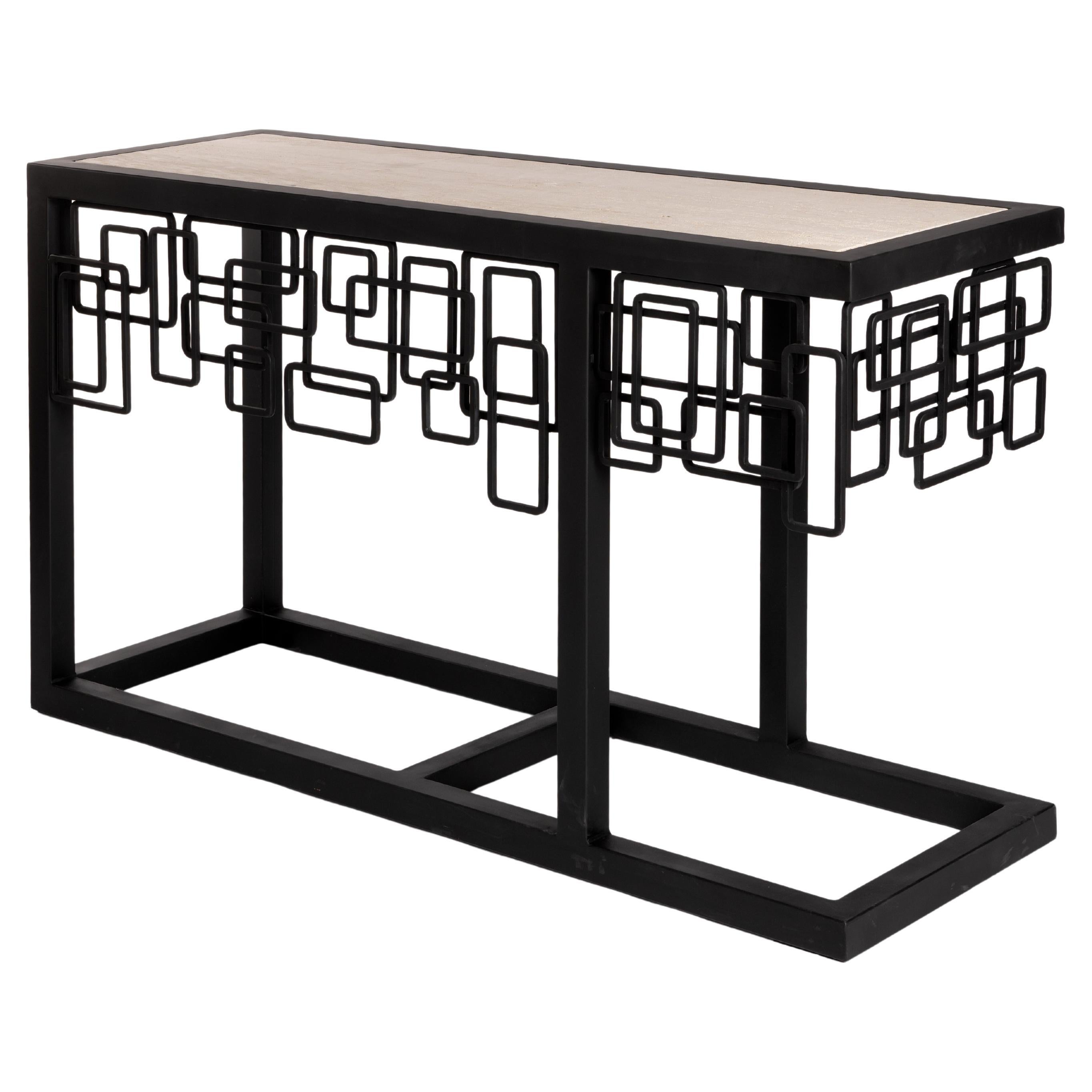 Italian Mid-Century Iron/Travertine Console Table Abstract-Geometric Design 70s For Sale