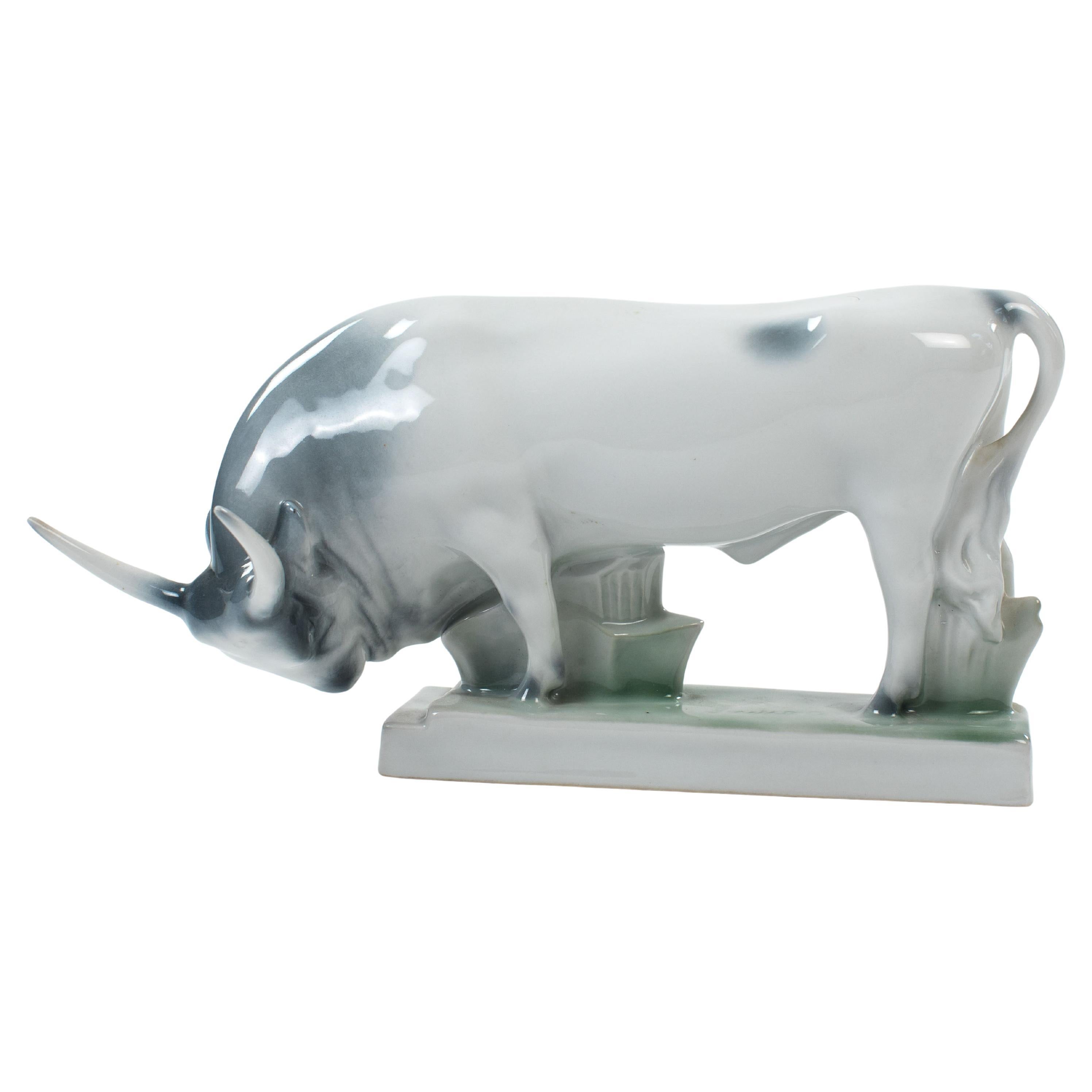 Hungary Mid-Century Porcelain Bull in Soft Light Grey-Green Colors by Zsolnay