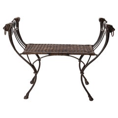French Wrought Iron Bench with Ratan Seat Wickerwork from the 1940s