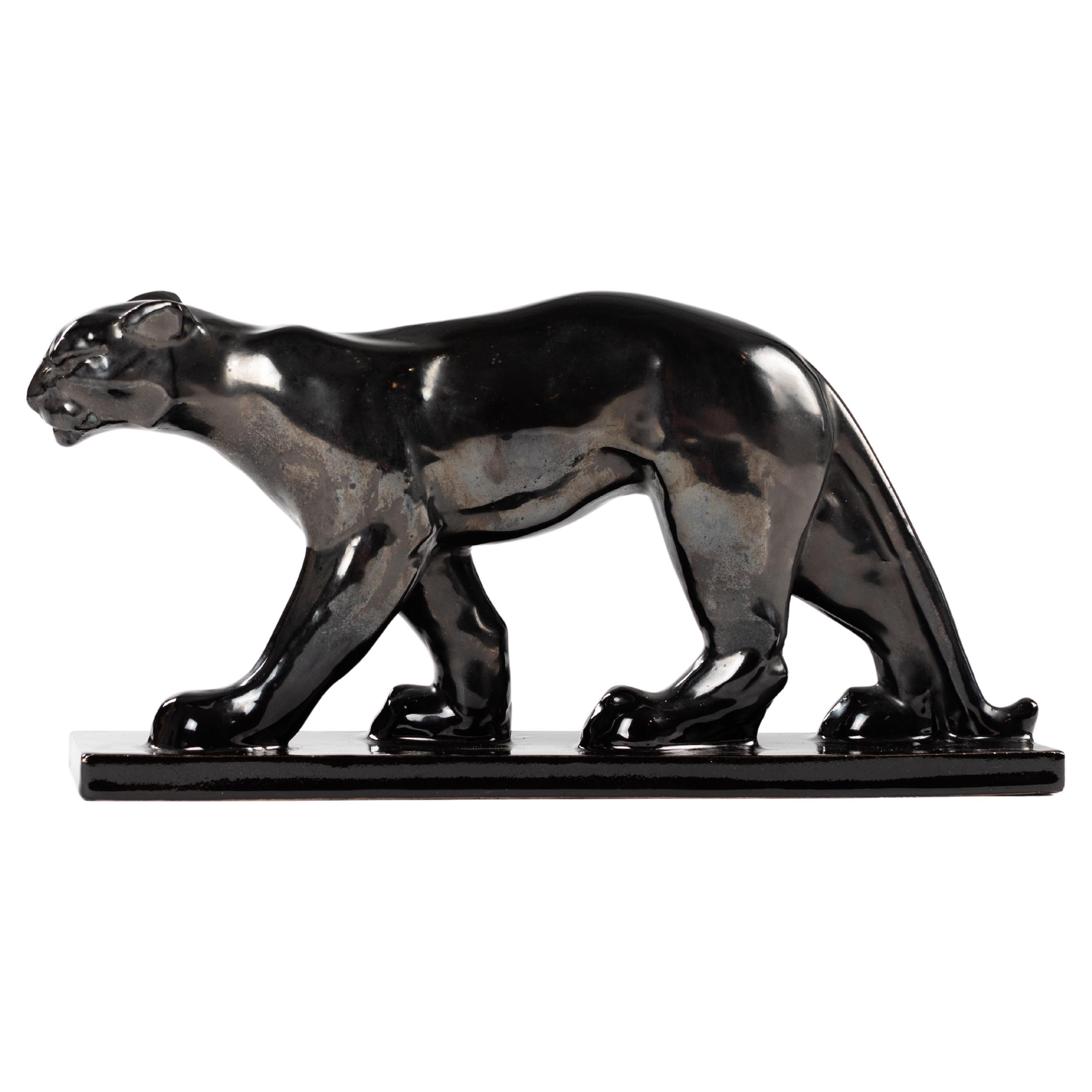 French, Black Cubistic Shaped Art Déco Ceramique Panther Sculpture, 1930s