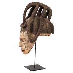African Wooden Female Igbo Agbogo Tribal Mask Brown-Red-Beige Nigeria 1970s