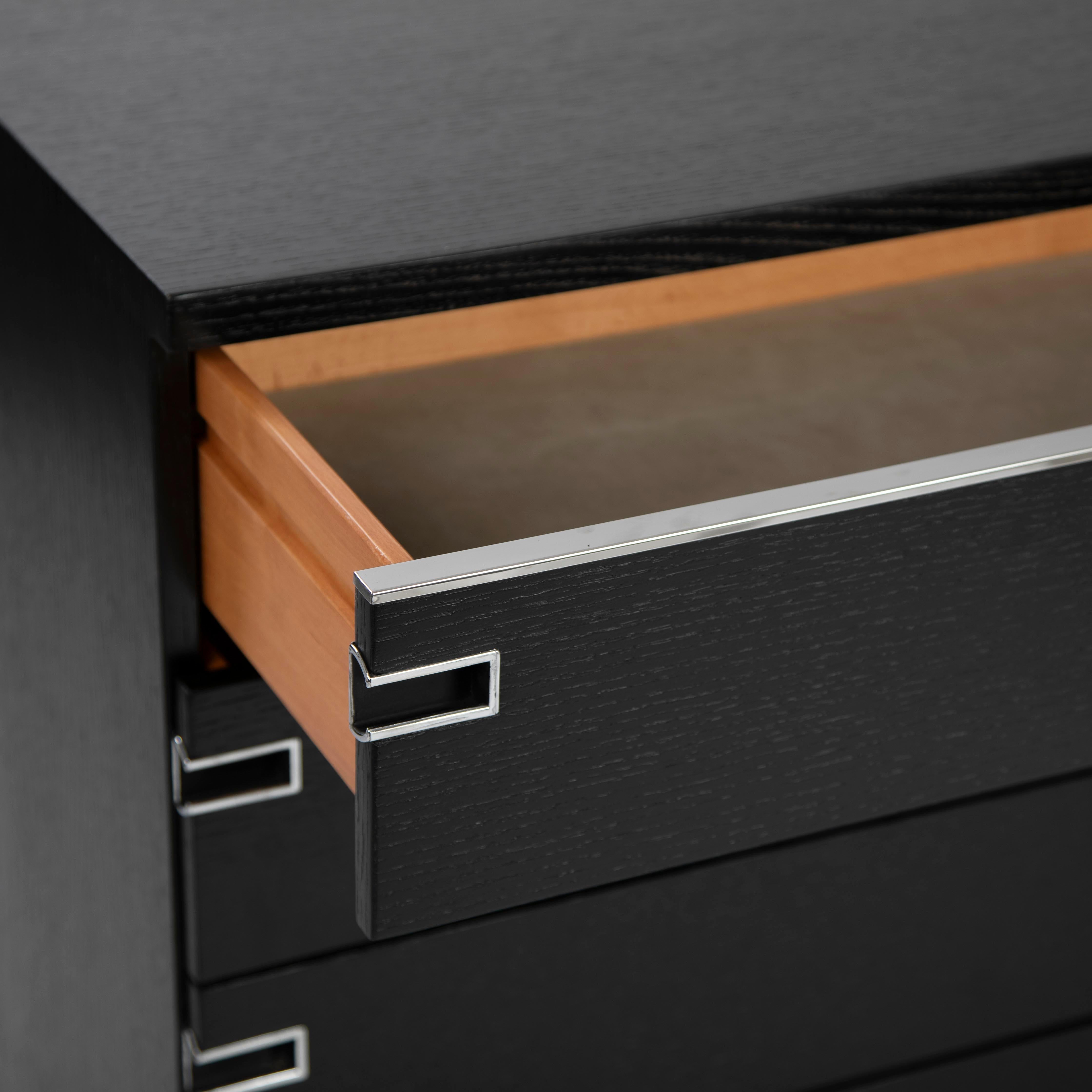 Galvanized Italian Mid-Century Black Oak Ceruse Drawer with Nickeled Handle Recesses 1960s For Sale