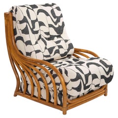 French Mid-Century Rattan Lounge Chair with Leather Trim, Maugrion 1968