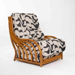 French Mid-Century Rattan Lounge Chair with Leather Trim, Maugrion 1968