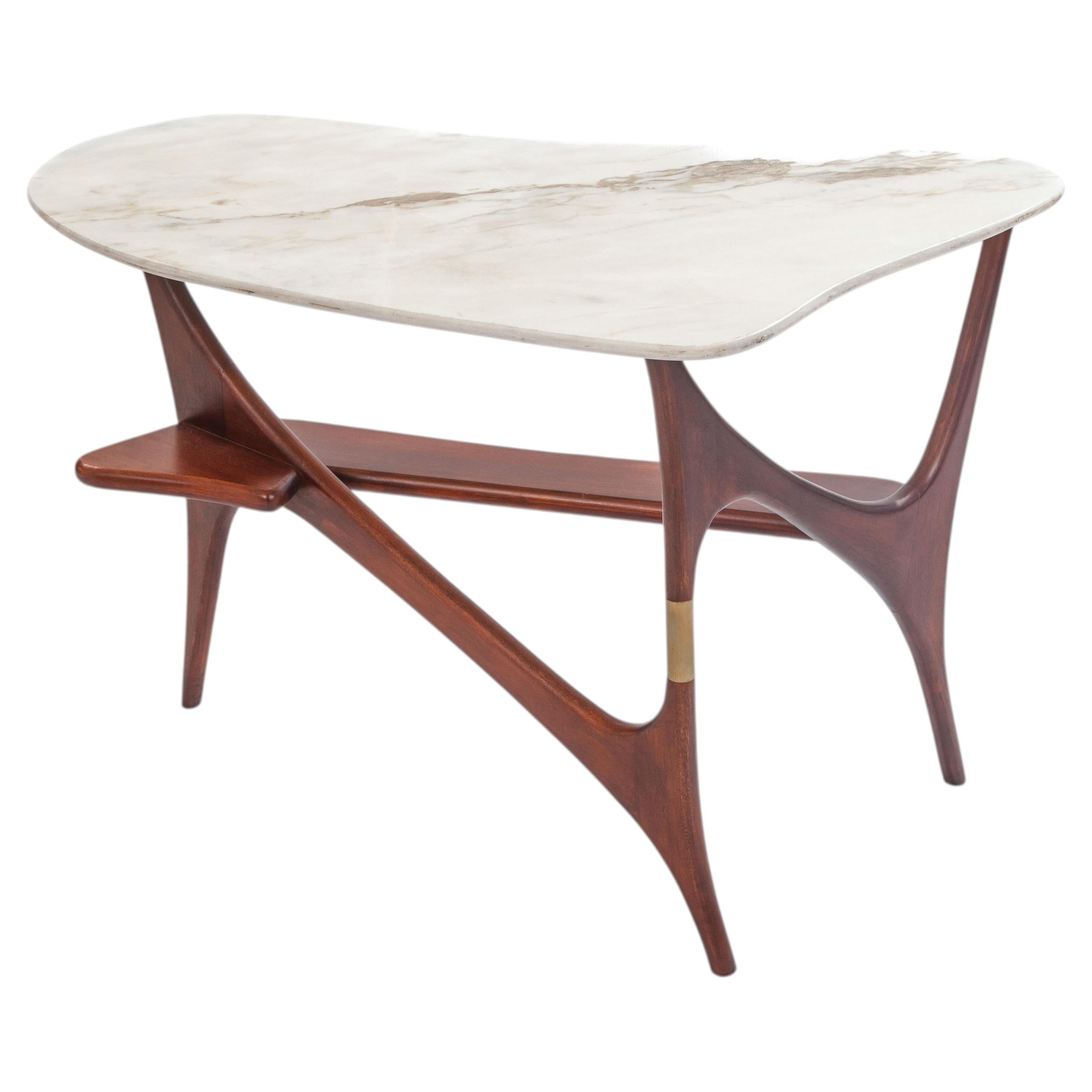 Unique Italian Mid-Century Sofa Table Rosewood - Marble - Brass, 1950s For Sale