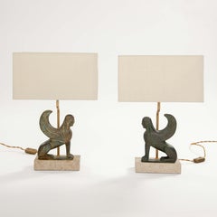Pair of French Mid-Century Terracotta Sphinx Table Lamps by M. Le Dauphin 1970s