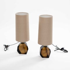 Pair of Modern Heavy Italian Tabacco Colored Murano Glass Table Lamps, Signed