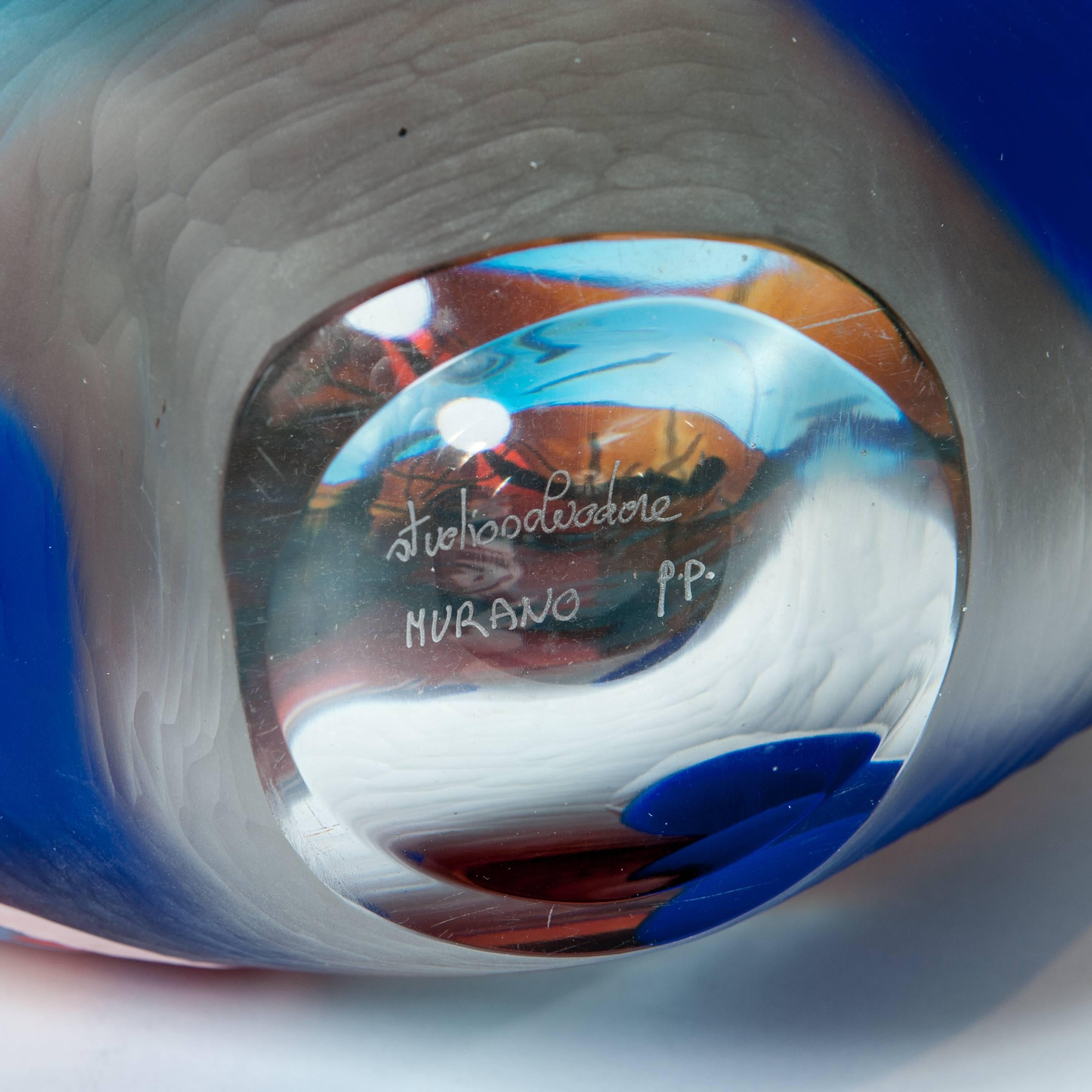 Italian Mouthblown Blue-Brown Murano Glass Vase by Studio Salvadore - Different Technics