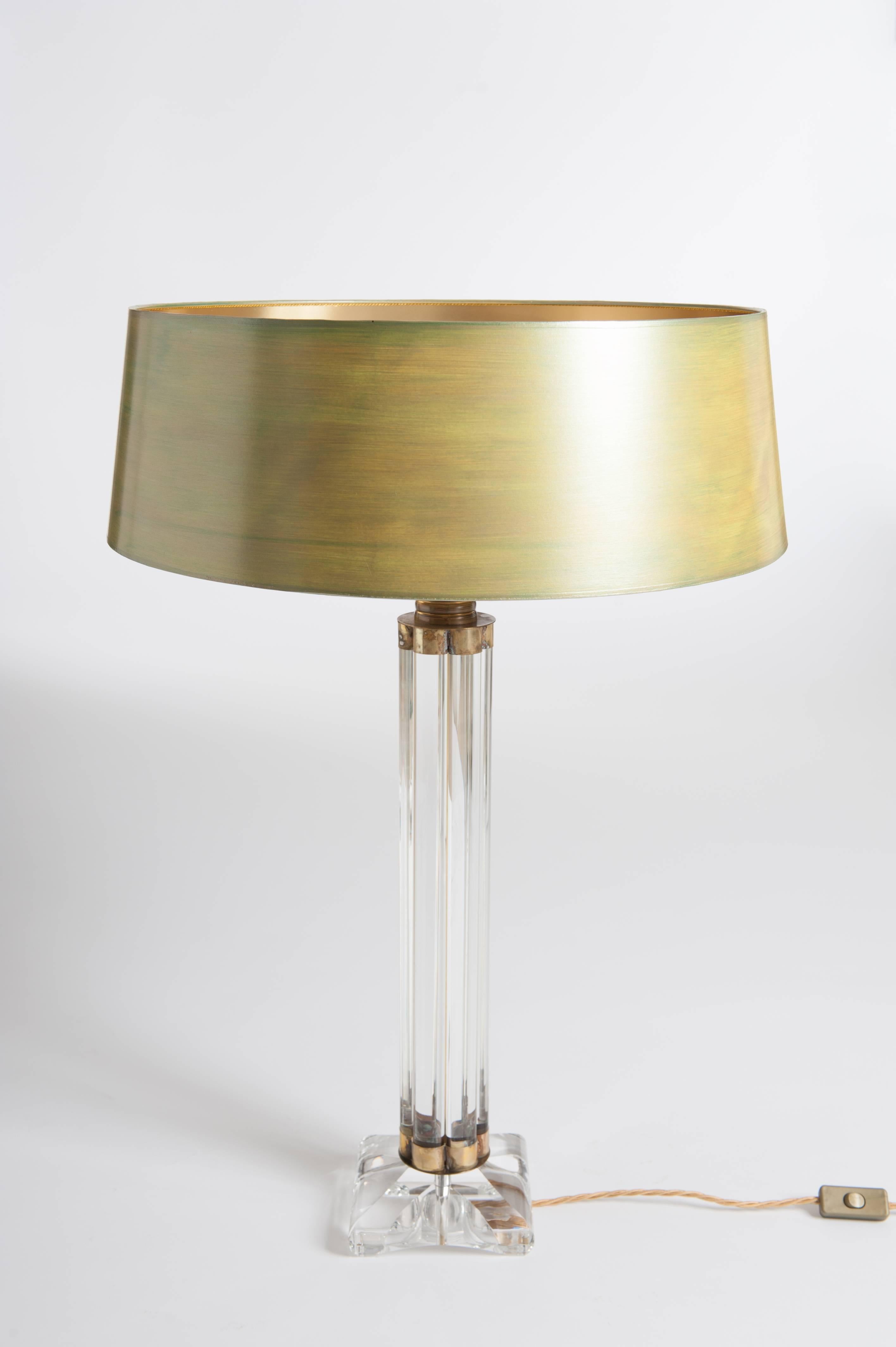 Very elegant and tall Murano glass table lamps with brass mounting.
The feet are built up of several glass sticks.
Hand-painted and beaded lamp shades in a mixture of yellow, green and brown
nuances.

The glass base measures 16cm x 16cm, 
the