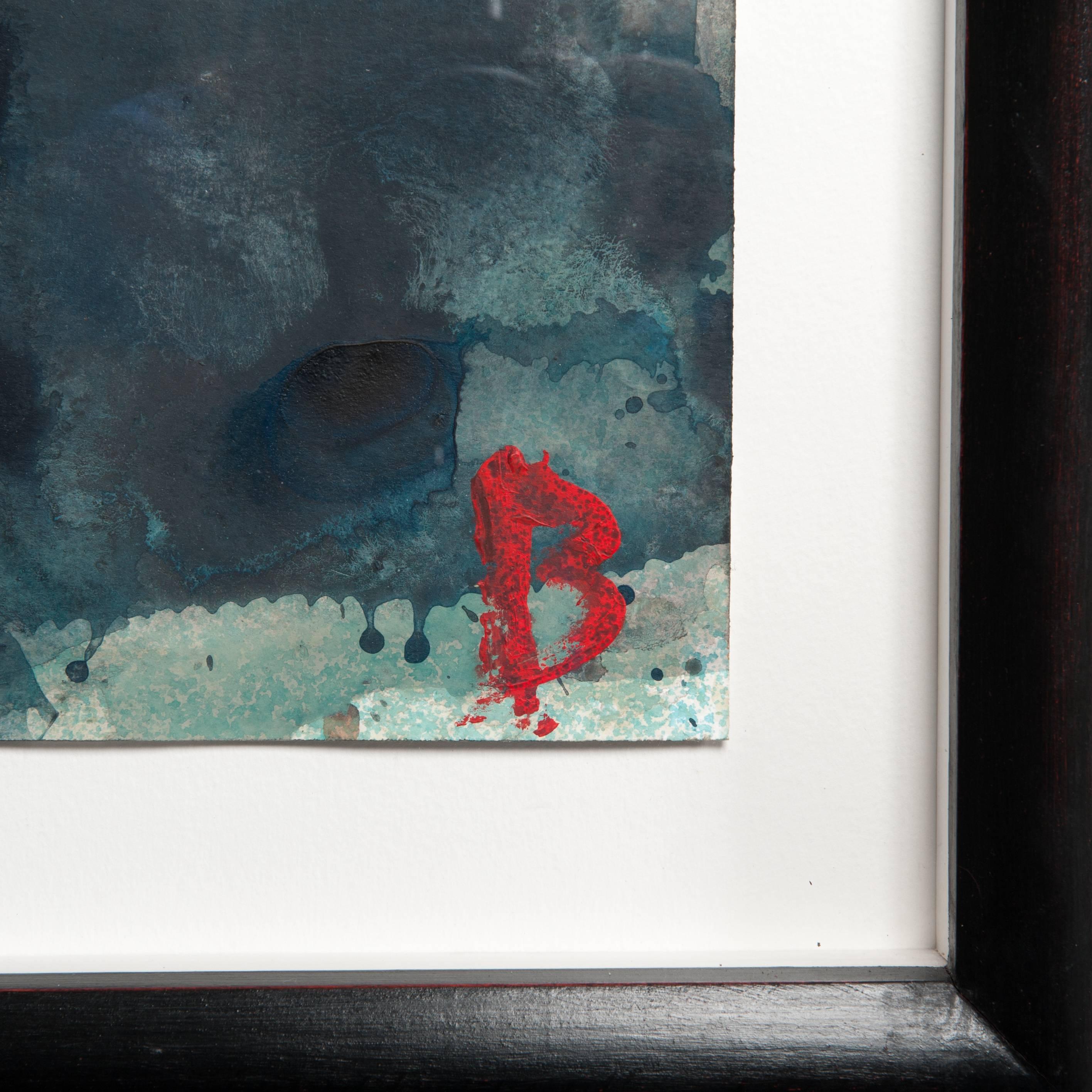 Amazing contemporary painting, in blueish-turquois-red-black, harmonic composition.
Signed by a great 