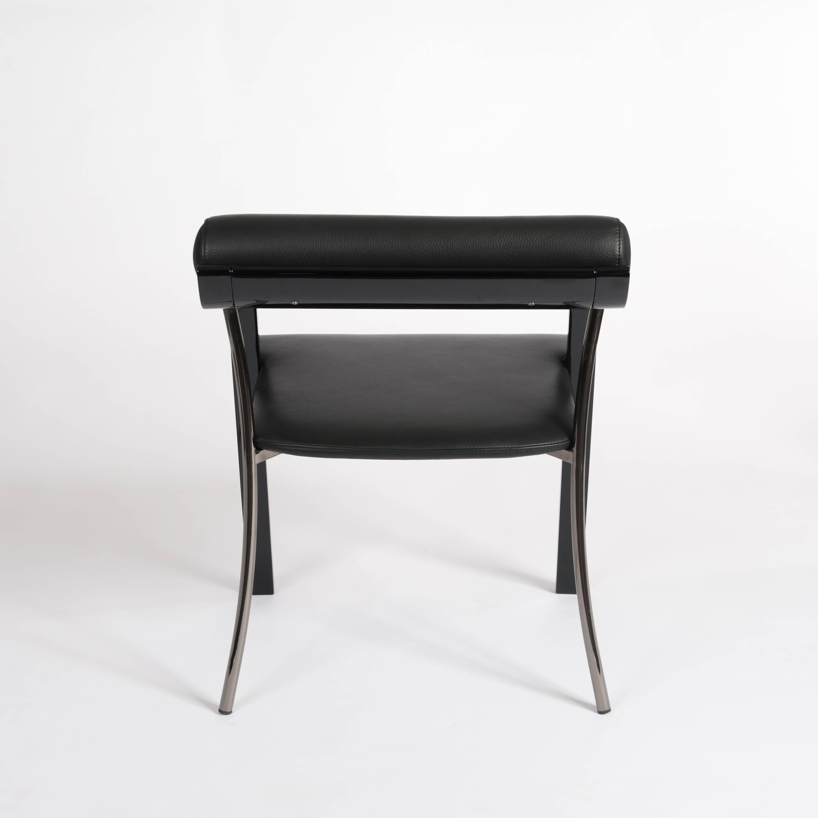 French Four Chairs in Blackwood, Leather and Metal Combination by J. M. Willmotte