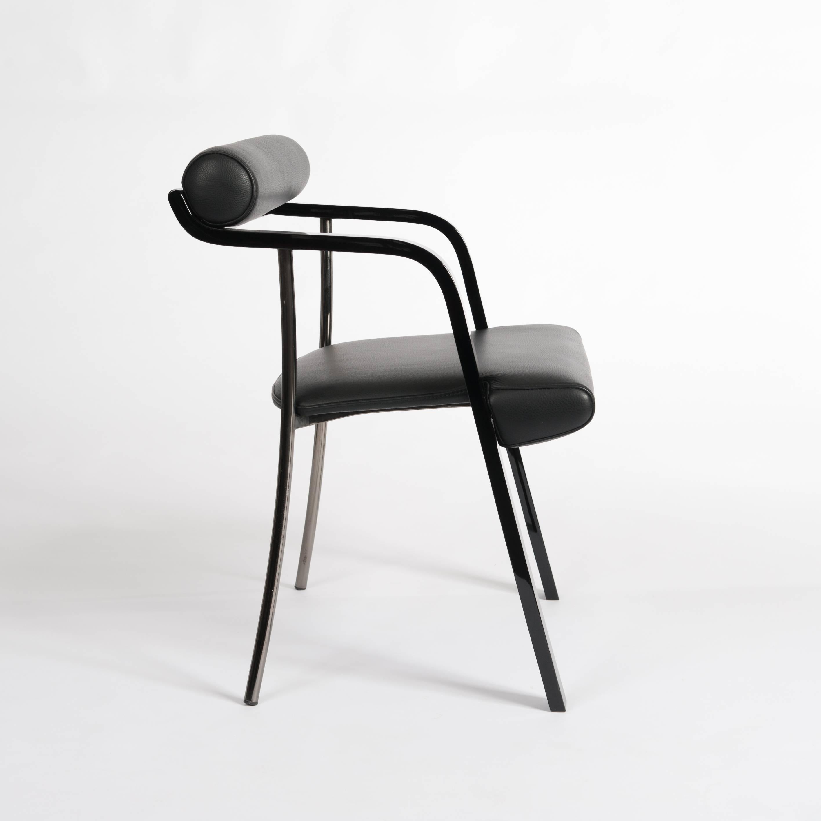 Lacquered Four Chairs in Blackwood, Leather and Metal Combination by J. M. Willmotte