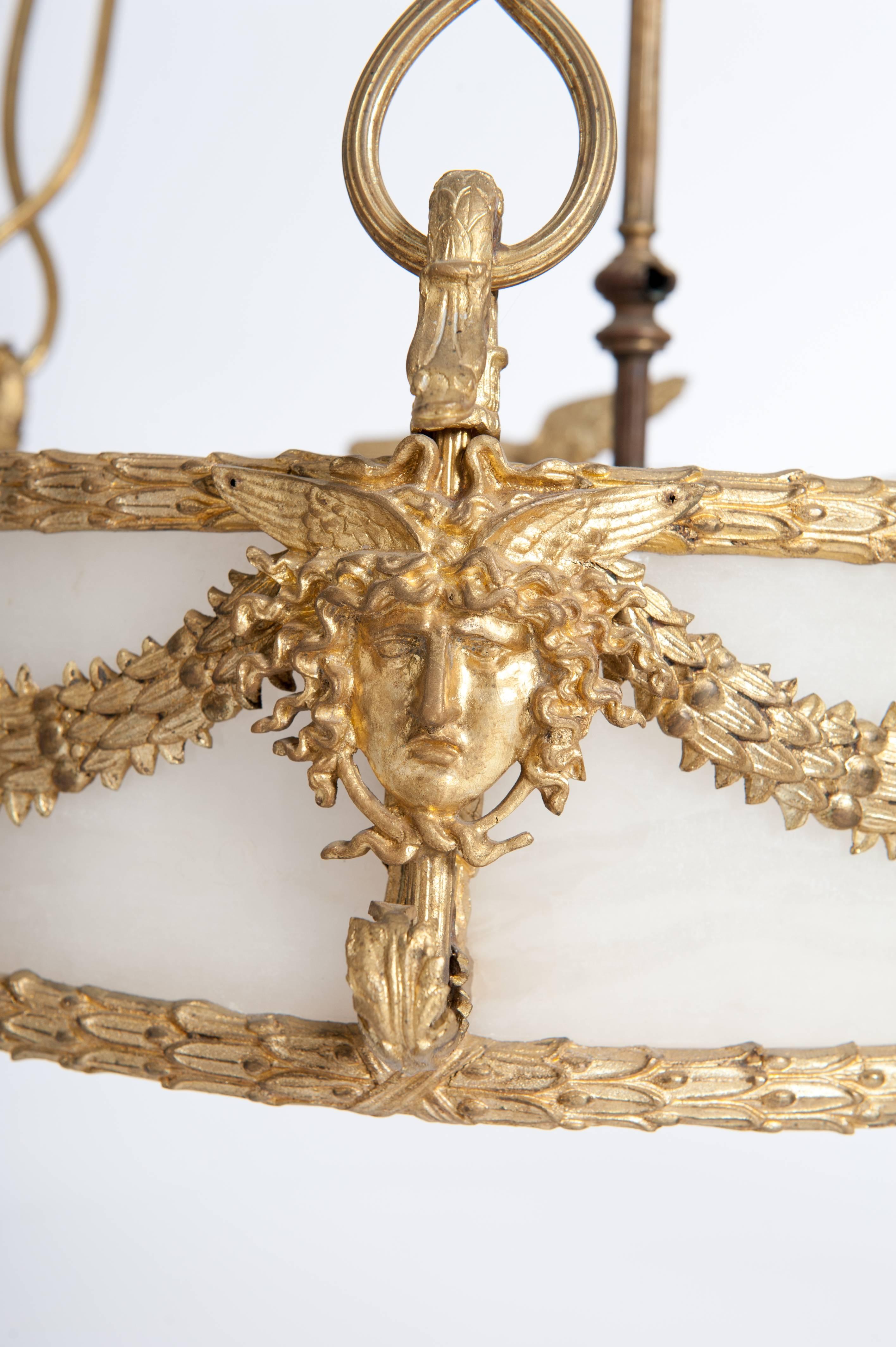 Mid-19th Century Impressive French Empire Chandelier, Firegilded Bronze with Alabaster 1830s For Sale