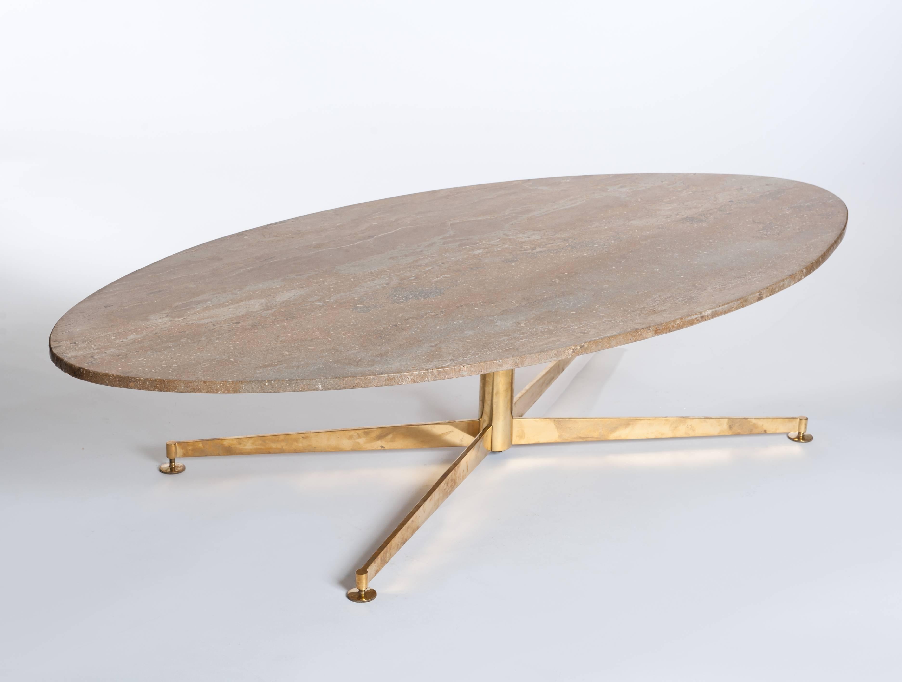 Elegant X-shaped solid brass Stand (feet ends are adjustable in height) 
with an oval travertine tabletop in colorful marbleization.
Measurements of tabletop: 163 cm x 82 cm x 2 cm
Measurements of stand: 104 cm x 60 cm x 35 cm.