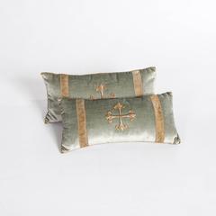 Pair of Pastel Green Colored Velvet Pillows with Antique Metallic Embroidery