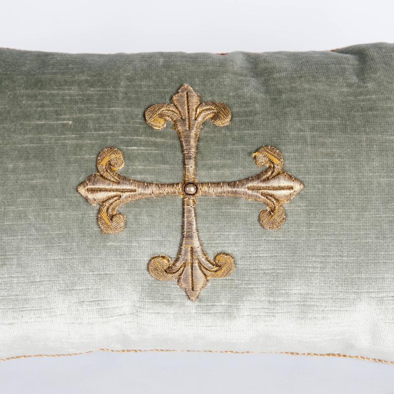 Appliqué Pair of Pastel Green Colored Velvet Pillows with Antique Metallic Embroidery  For Sale