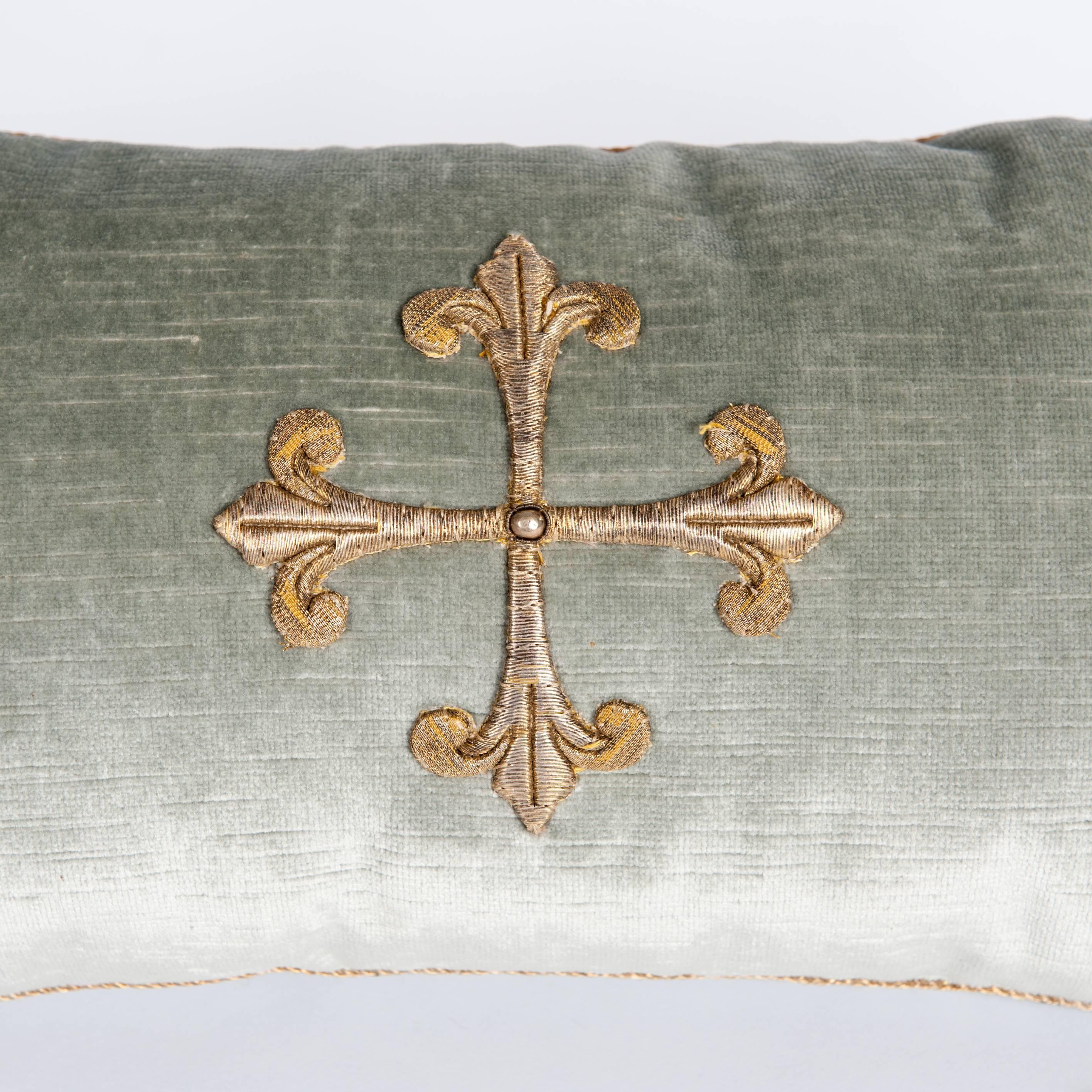 Embroidered Pair of Pastel Green Colored Velvet Pillows with Antique Metallic Embroidery  For Sale