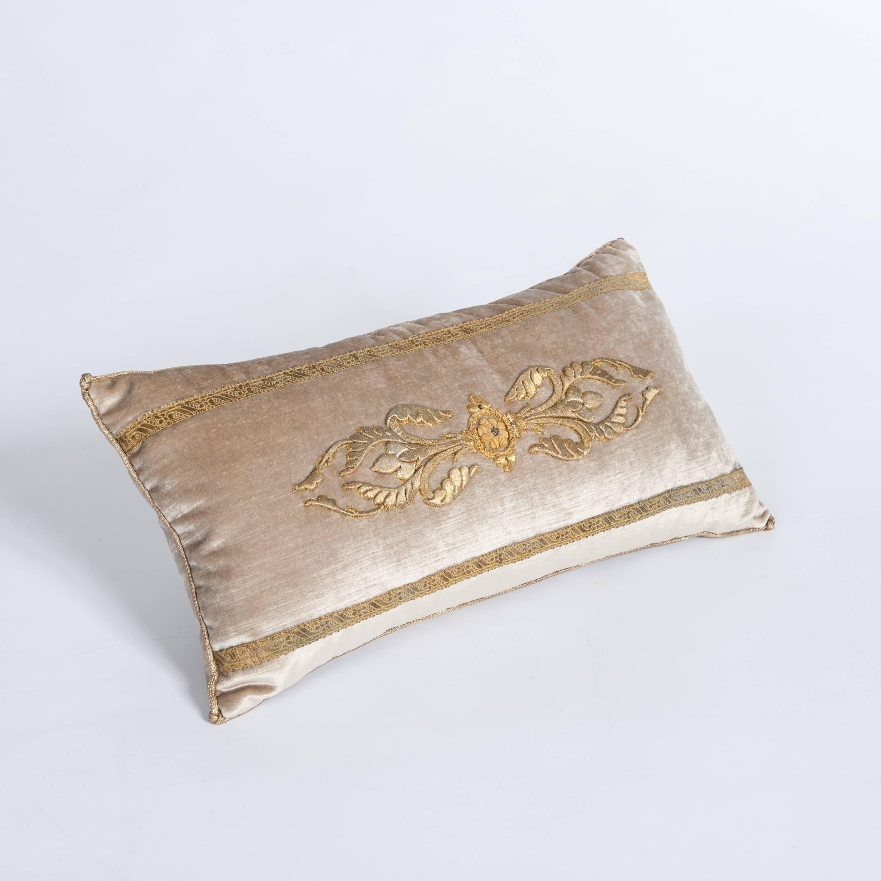 Hand-Crafted Pair of Champagne-Beige Colored Velvet Pillows with Antique Metallic Embroidery