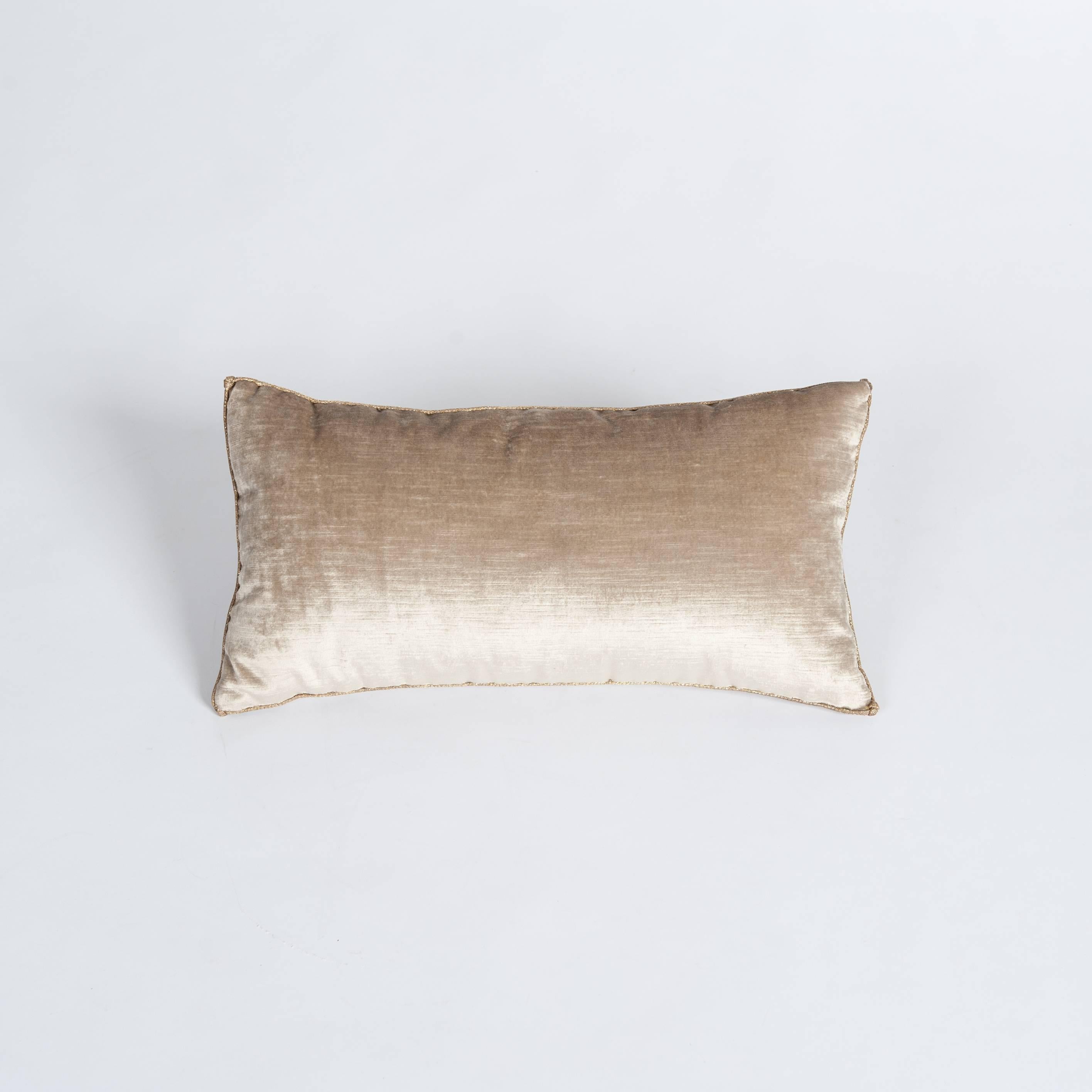 Gold Pair of Champagne-Beige Colored Velvet Pillows with Antique Metallic Embroidery