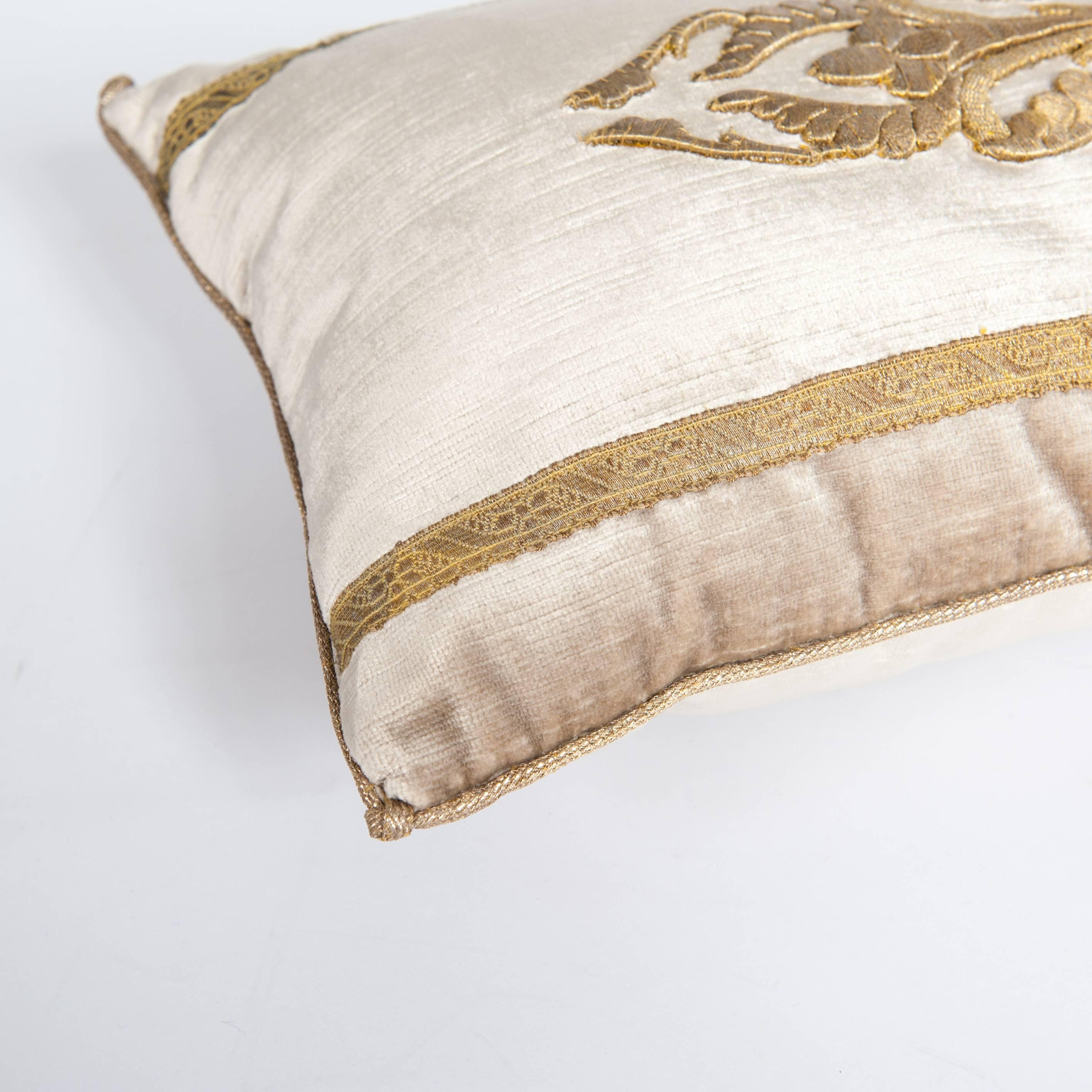 Pair of Champagne-Beige Colored Velvet Pillows with Antique Metallic Embroidery 1