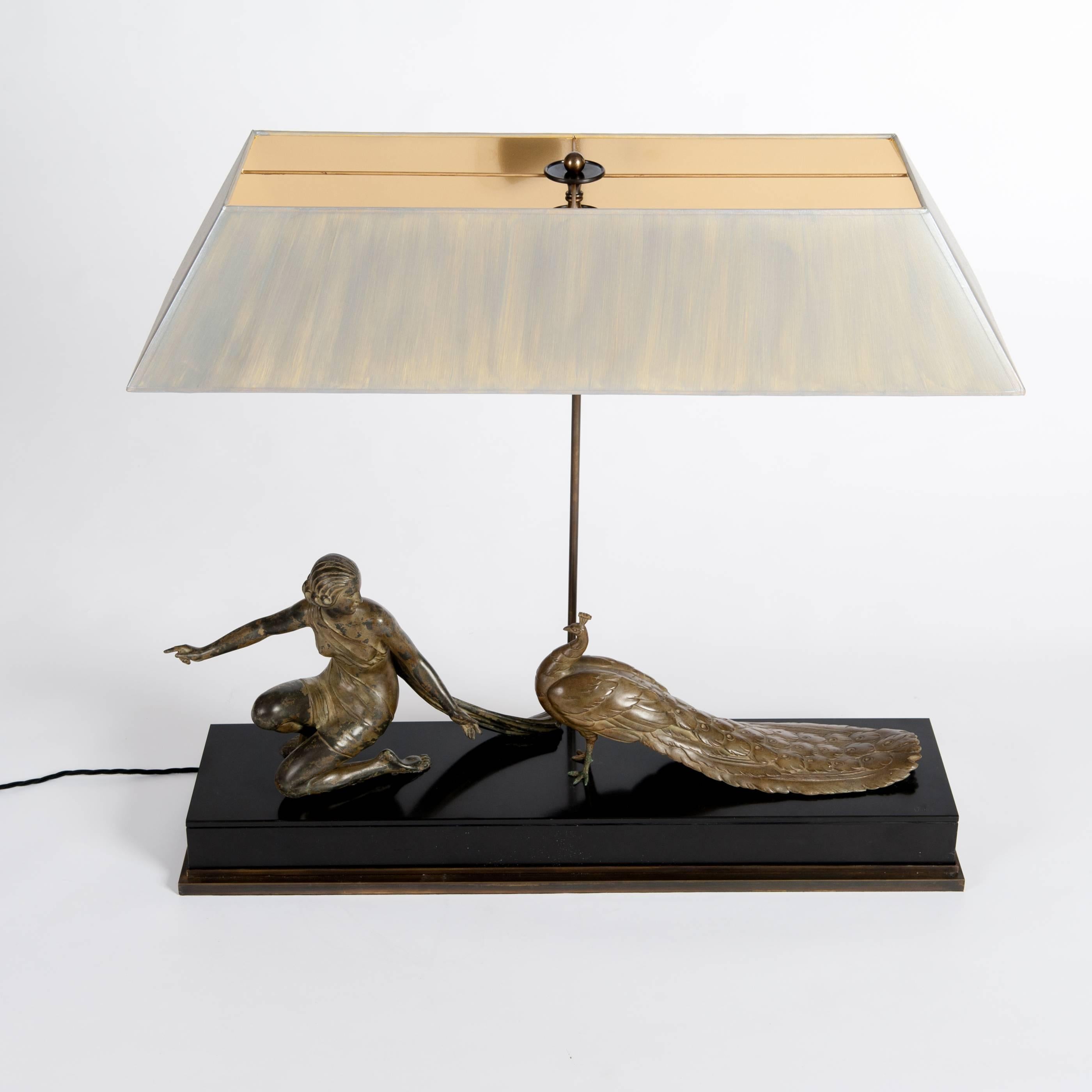 Art Deco Large Art Déco Figural Table Lamp in Cast Bronze on Marble Top, Signed A. Ouline