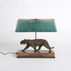 Art Deco Panther Table Lamp in Cast Bronze on Onyx Base, Hand Signed Rulas