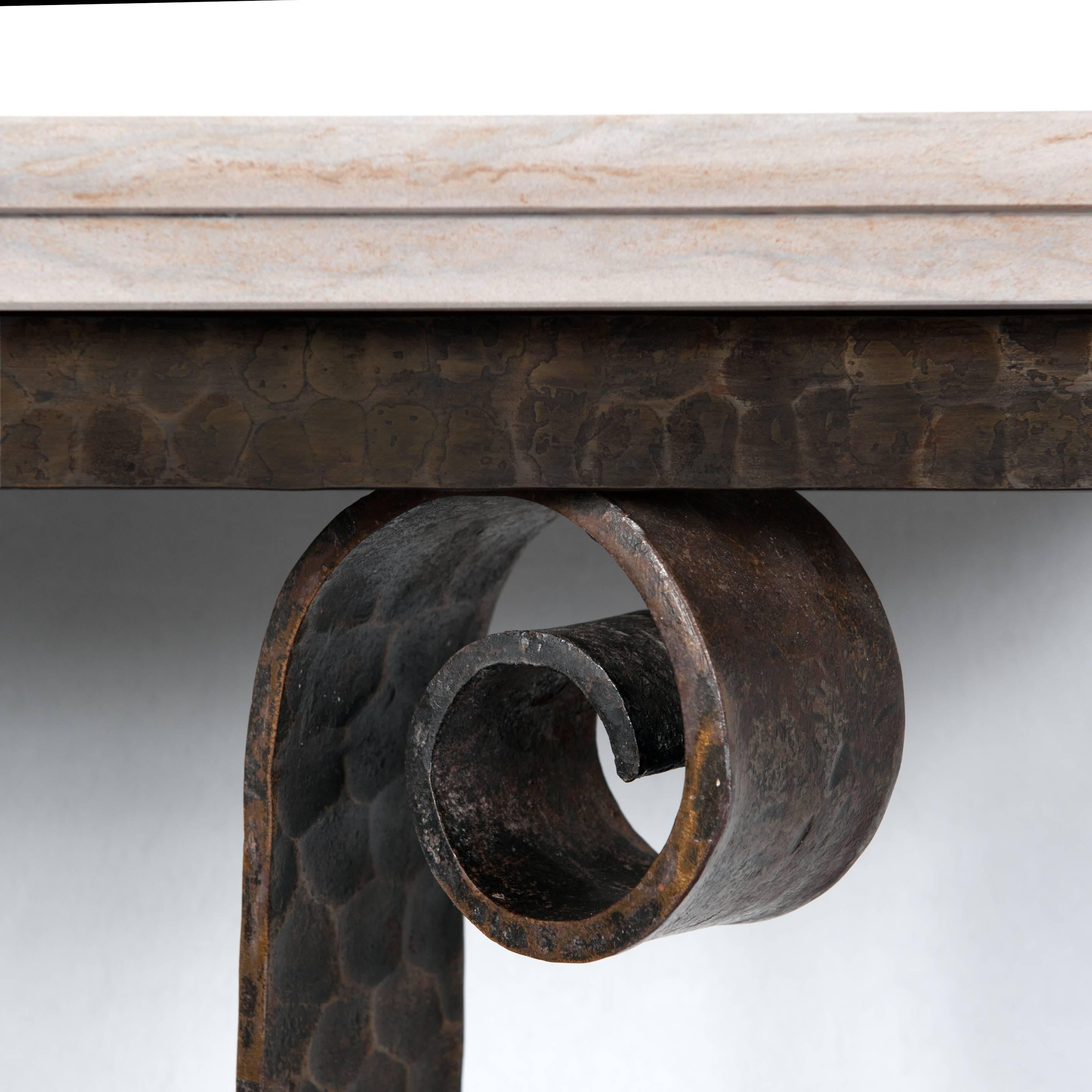 Forged French Art Deco Wall Console Table, Solid Iron with Marble Top by V. Ducrot