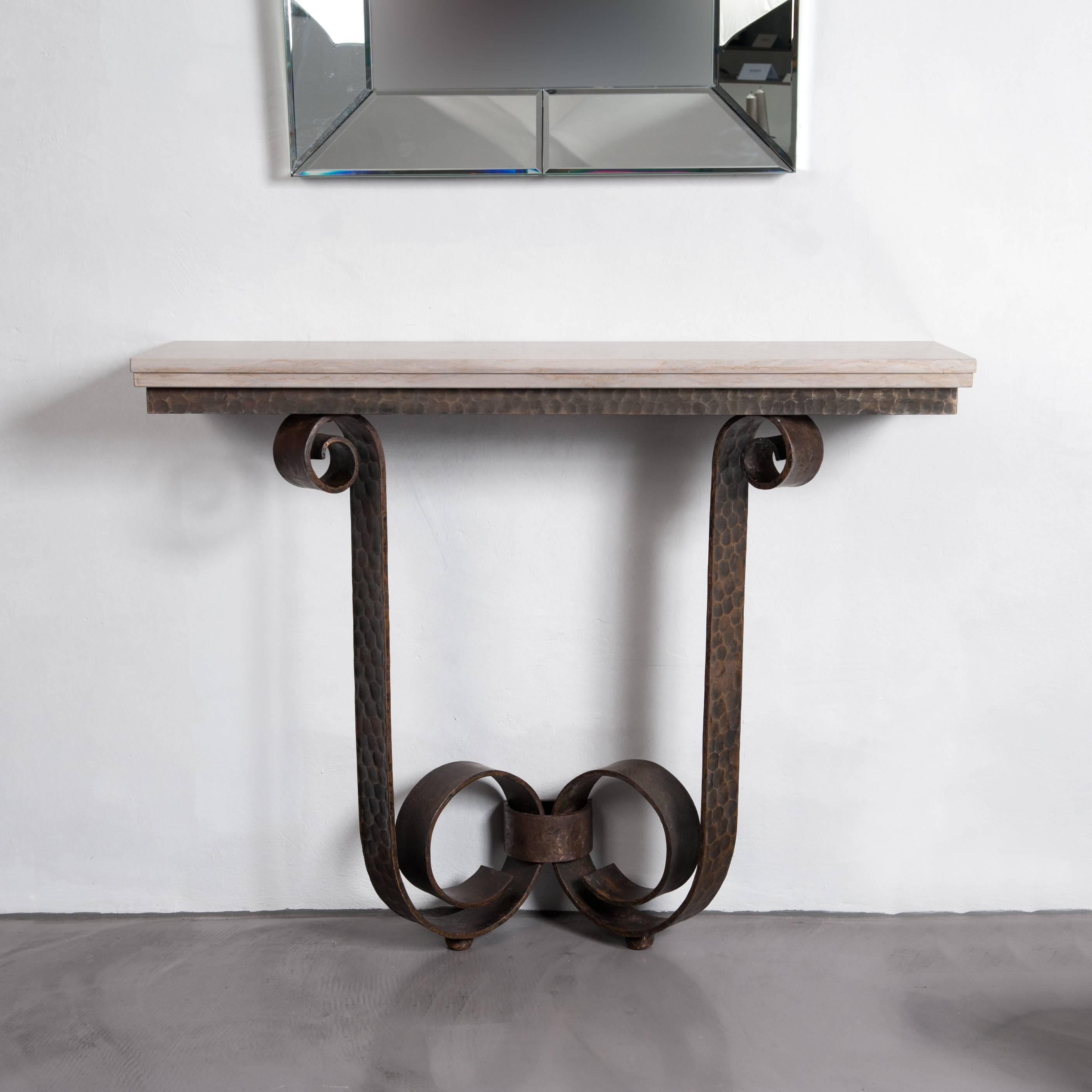 French Art Deco Wall Console Table, Solid Iron with Marble Top by V. Ducrot 1