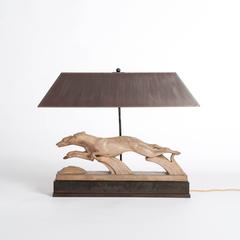 Art Deco Table Lamp of Greyhounds in Terracotta, Signed H. Bargas Brown Shade