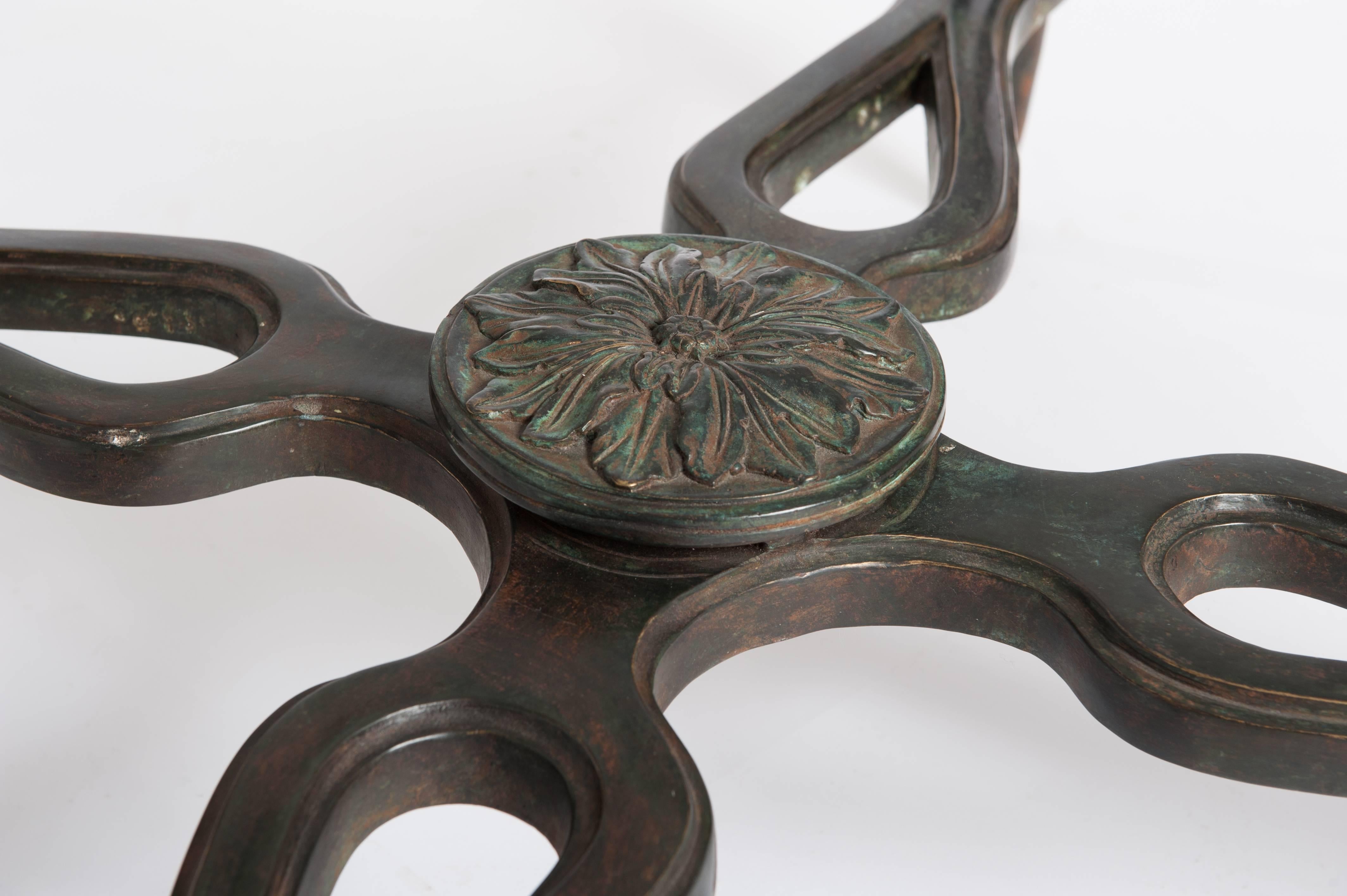 Early 20th Century French Grazile Green-Greyish Cast Bronze Art Nouveau Table with Glass Top