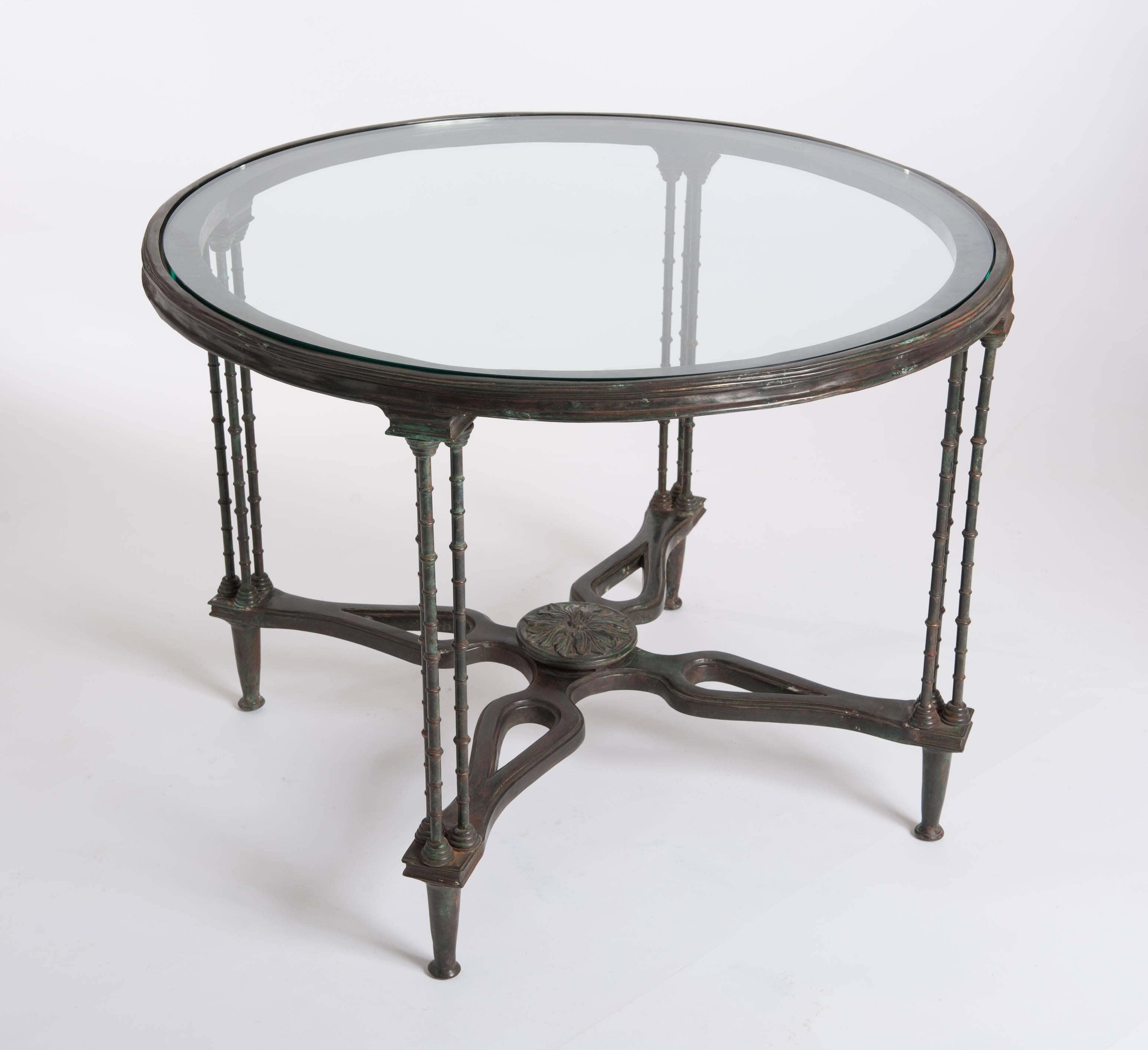 French Grazile Green-Greyish Cast Bronze Art Nouveau Table with Glass Top 1