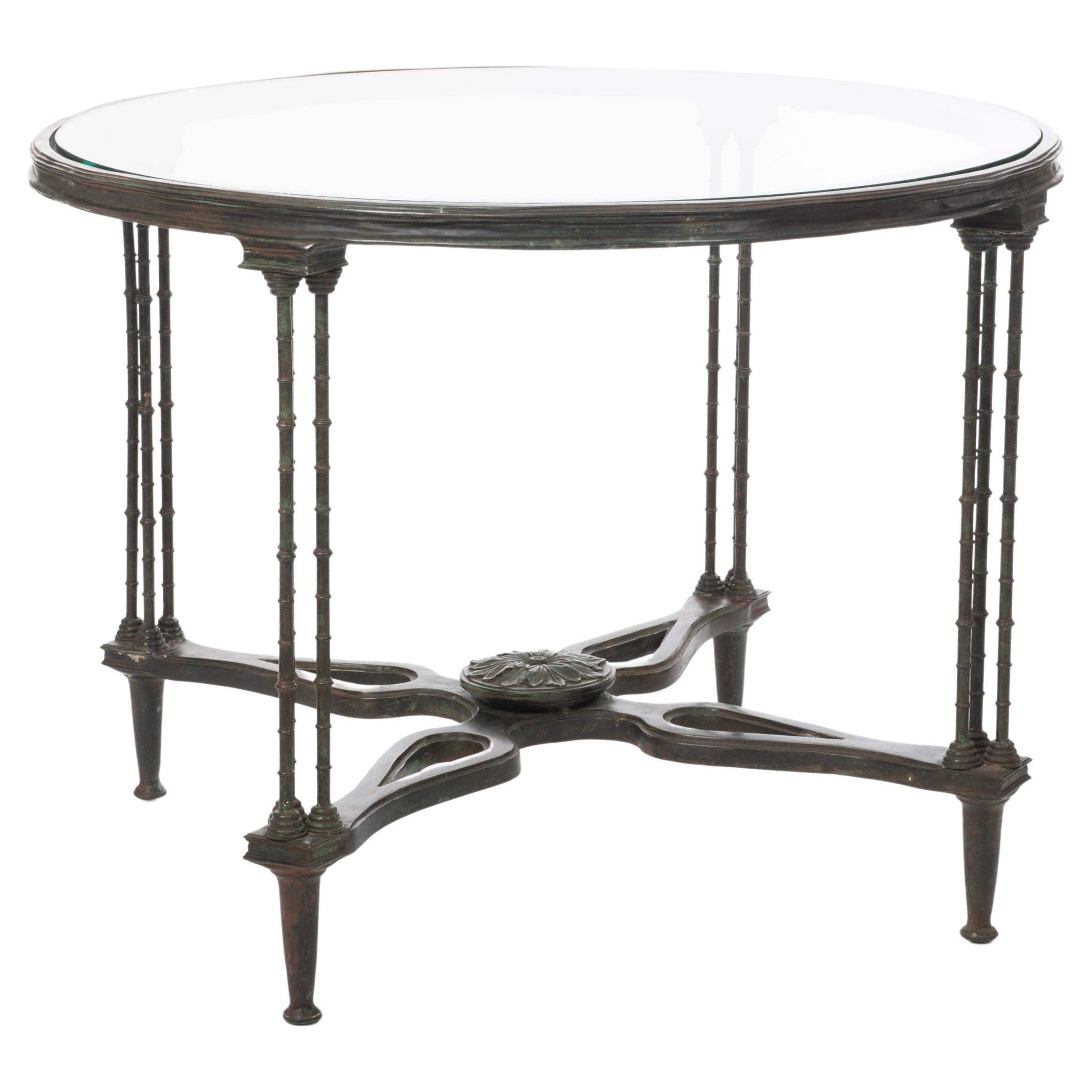 French Grazile Green-Greyish Cast Bronze Art Nouveau Table with Glass Top
