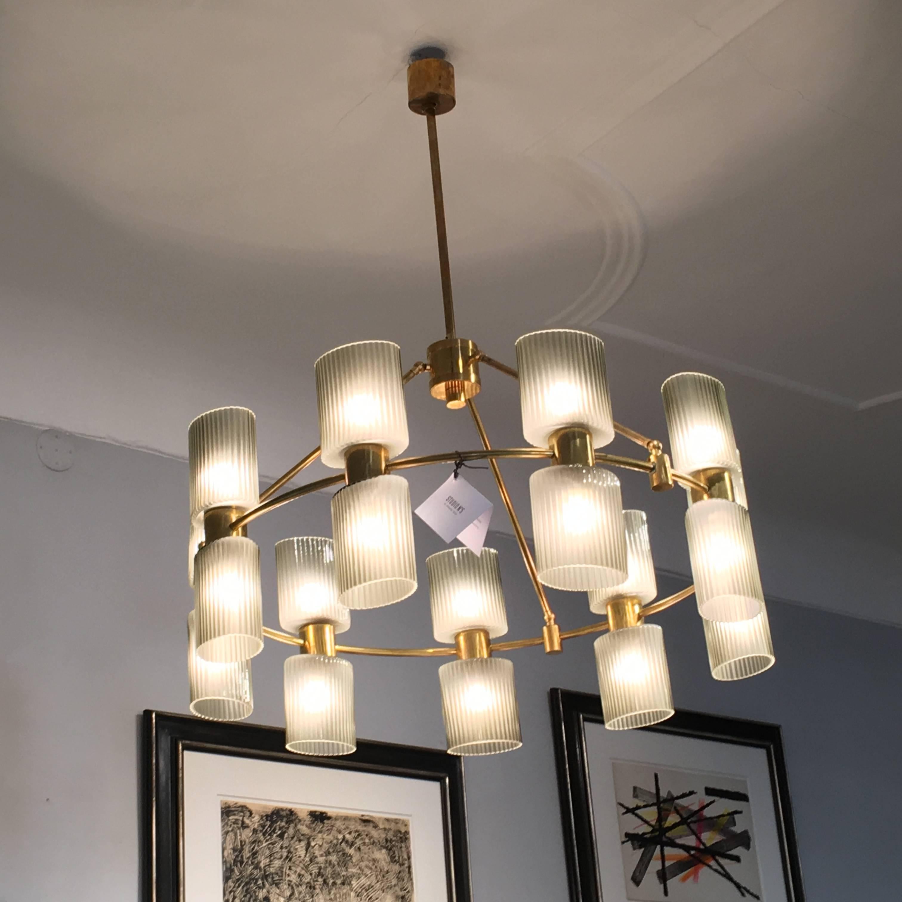 Late 20th Century Italian 20th Century Grey Murano Glass and Brass Eighteen-Light Chandelier