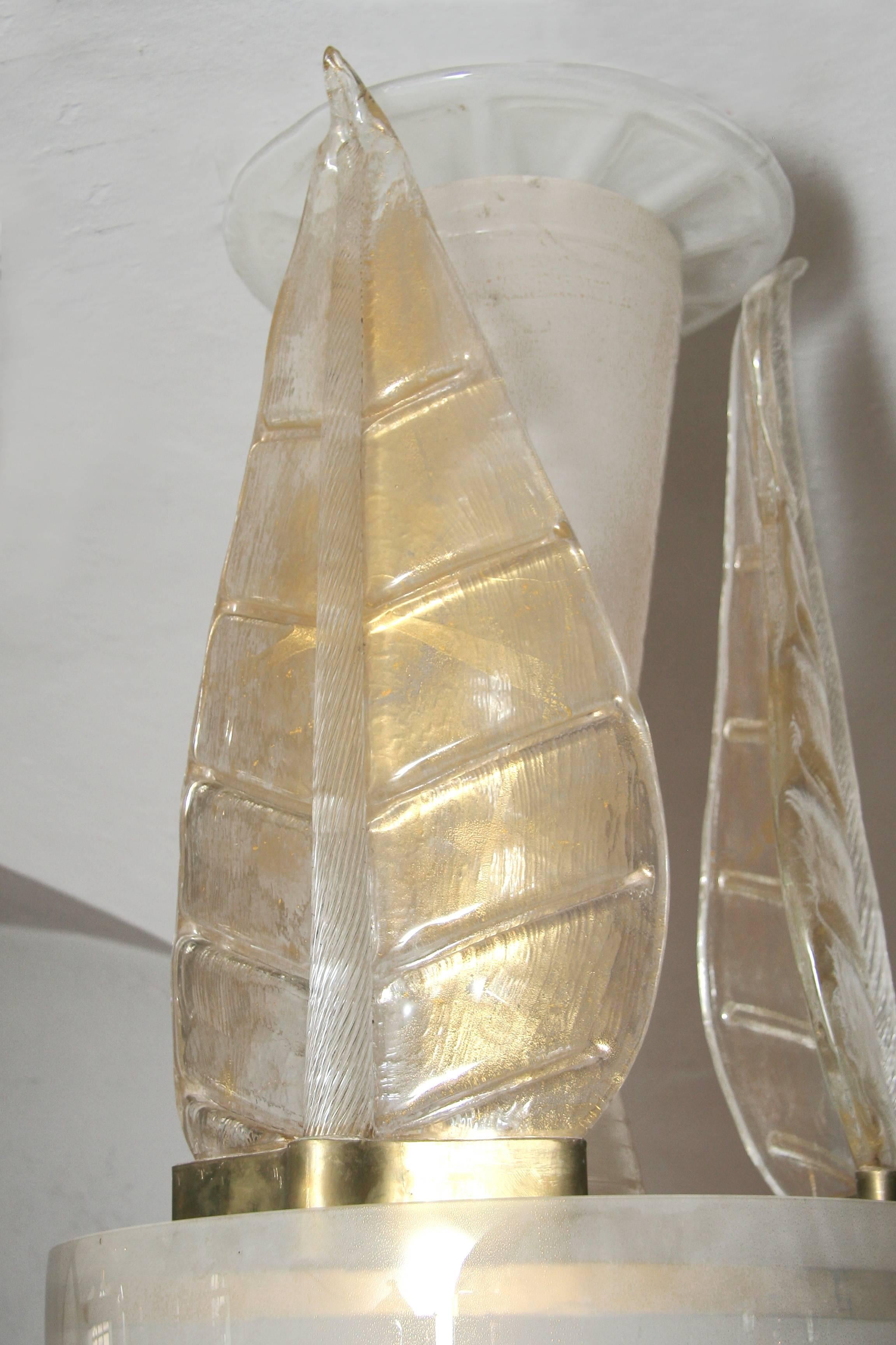 Mid-Century Modern Italian Mid-Century Golden Murano Glass Chandelier with Embracing Leaves 1970s For Sale