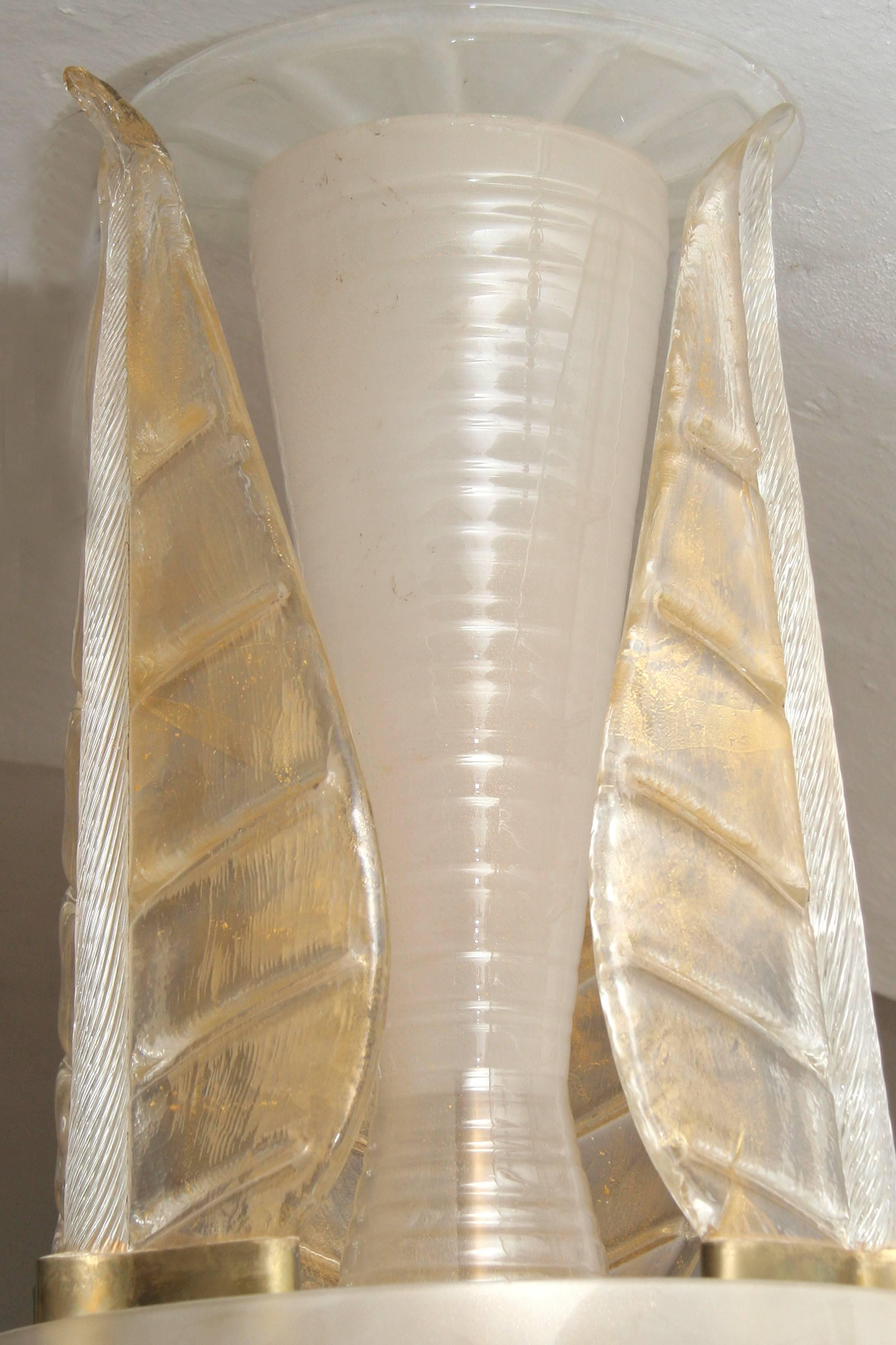 Cast Italian Mid-Century Golden Murano Glass Chandelier with Embracing Leaves 1970s For Sale